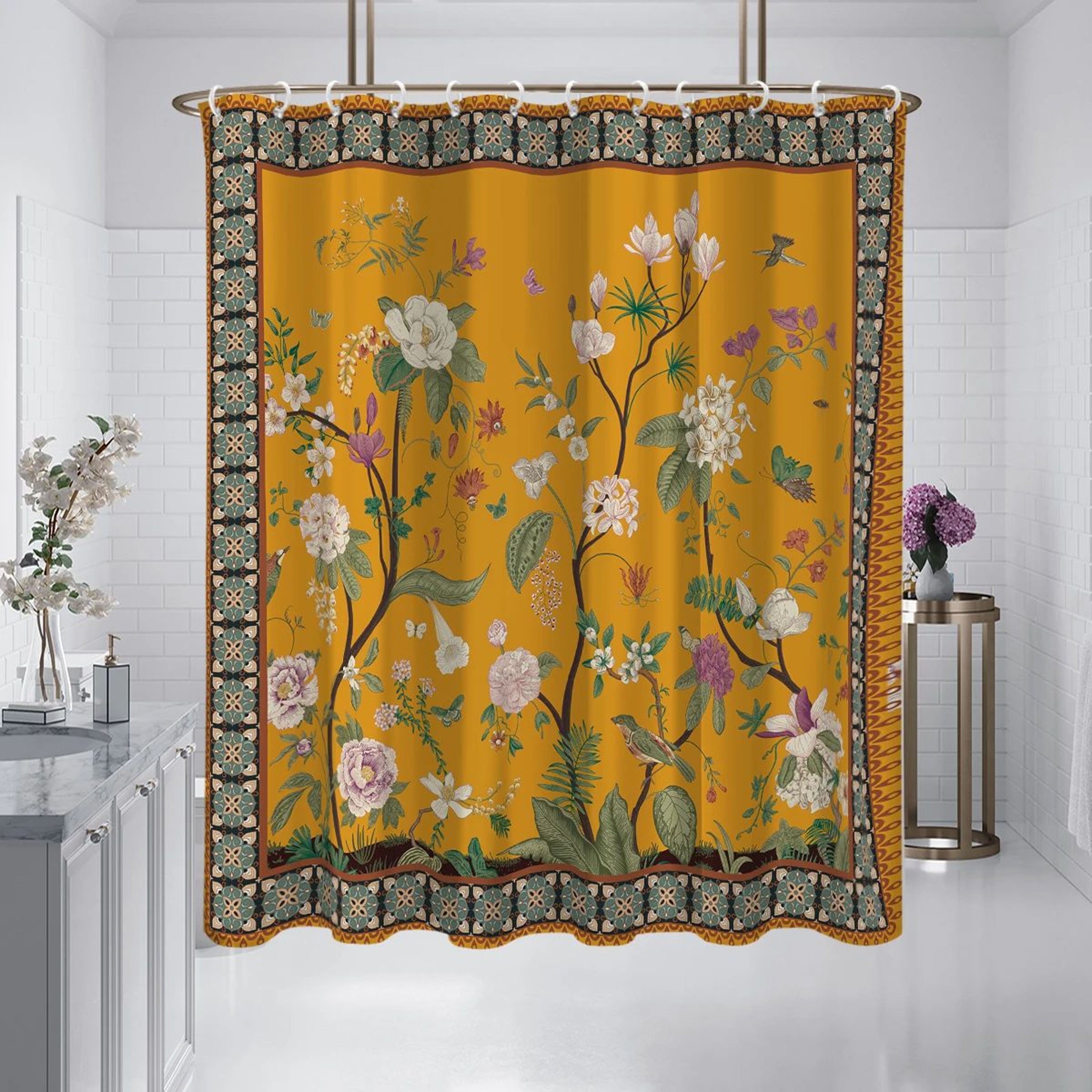 Retro Floral Shower Curtain Yellow Bathroom Curtain Waterproof Mildew Resistant 0