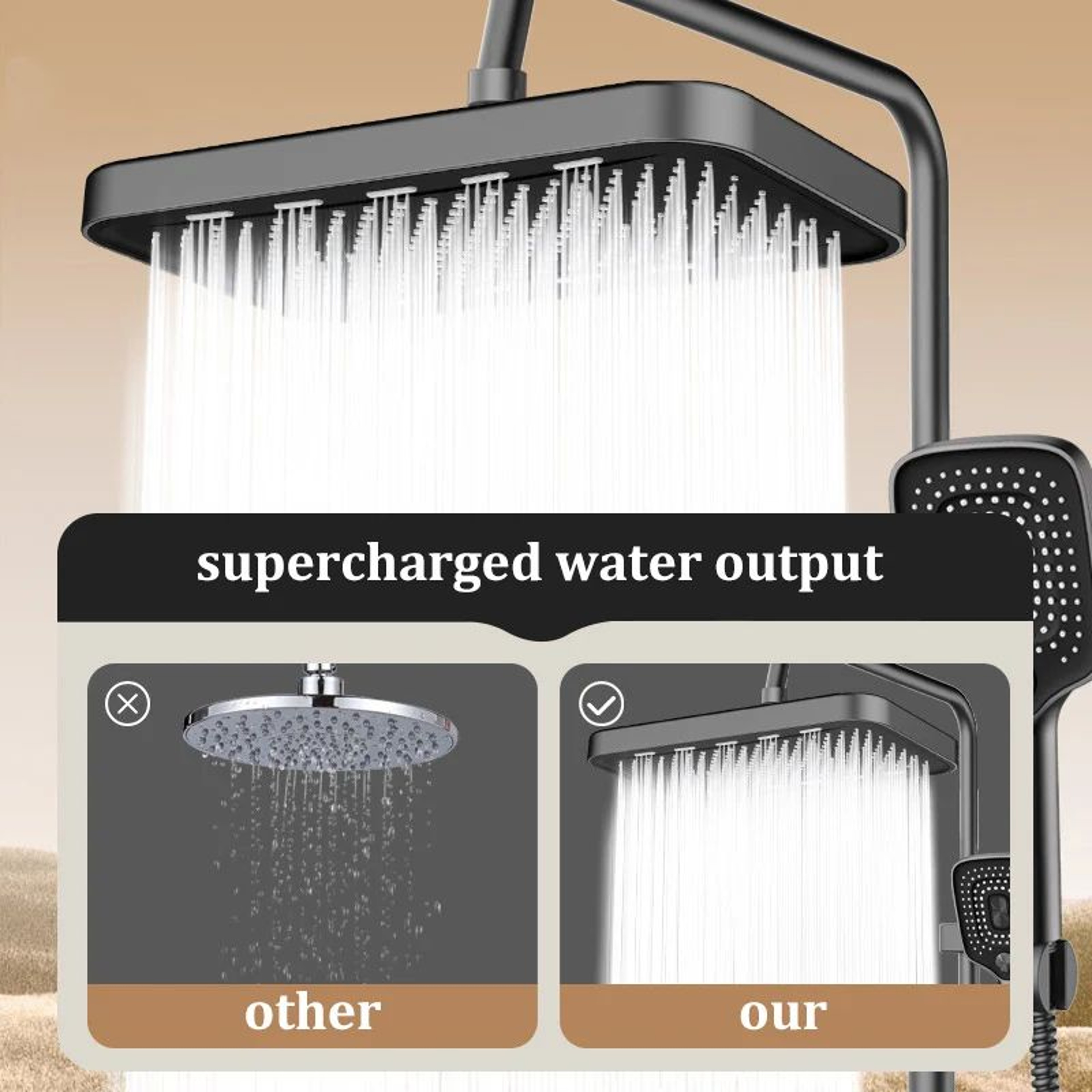 Large Square Rainfall Shower Head High Pressure Anti Clog Bathroom Set 2