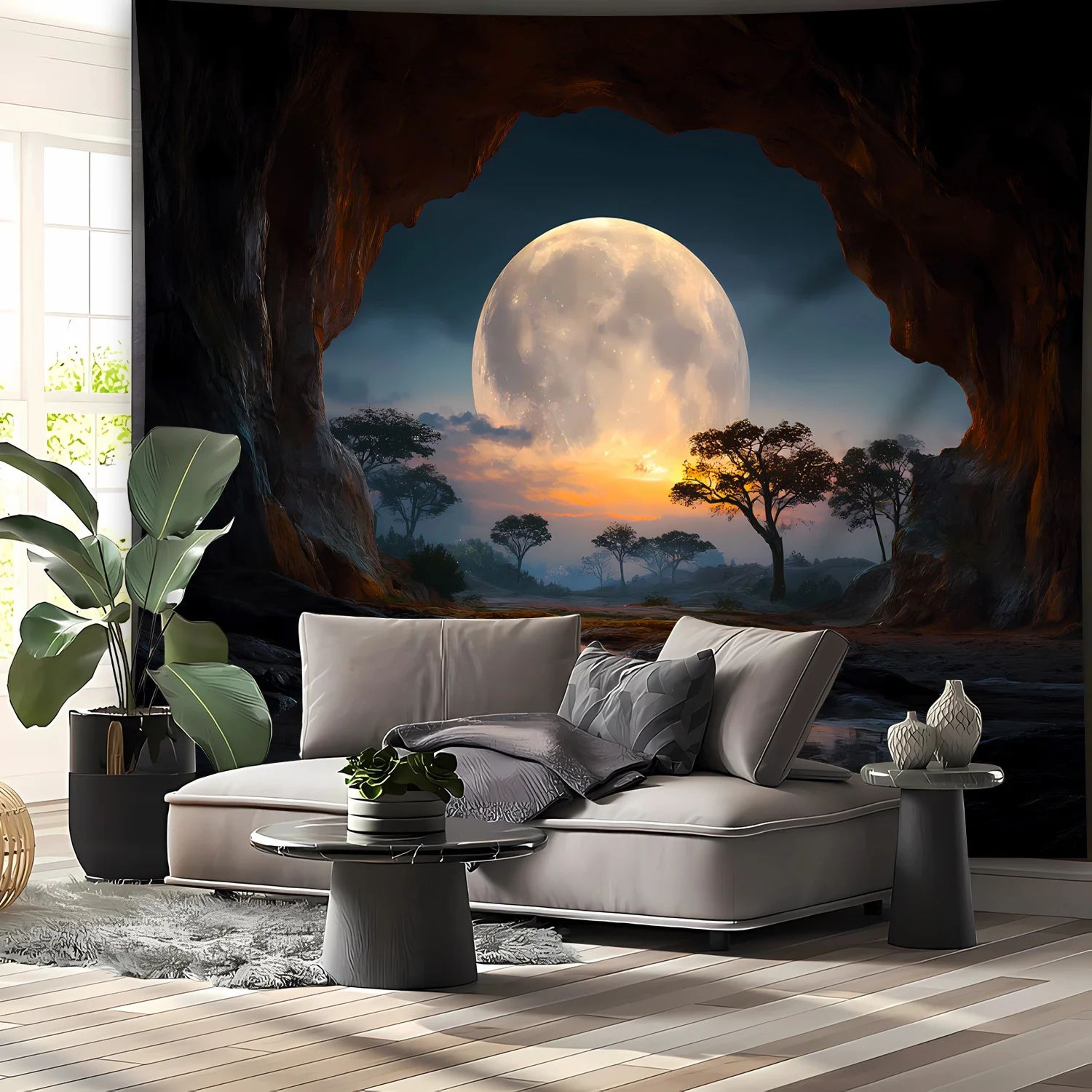 Tranquil Moon Forest Cave Tapestry Aesthetic Wall Hanging Nature Decor 1