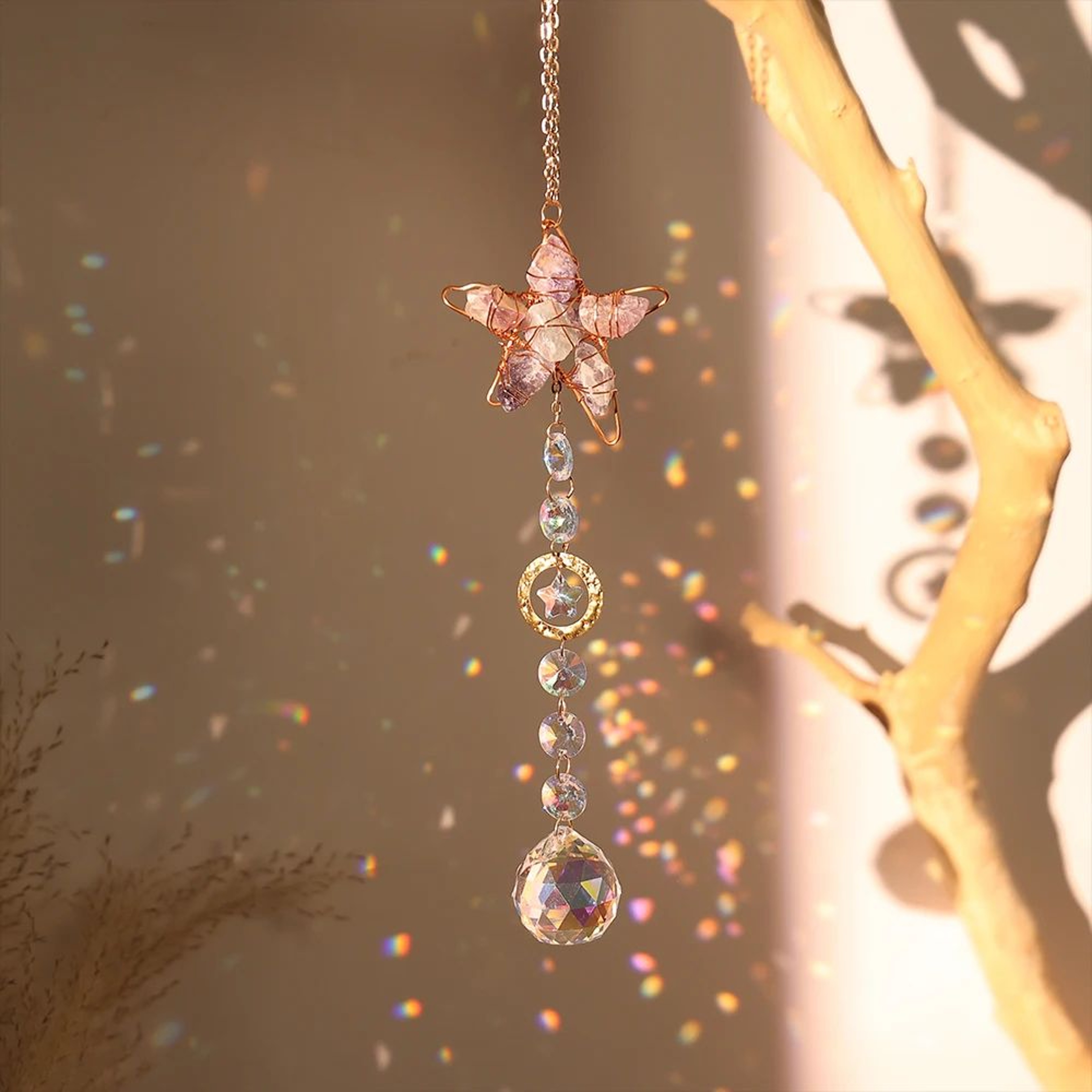Crystal Sun Moon Suncatcher Prism Wind Chime Hanging Light Decor 14