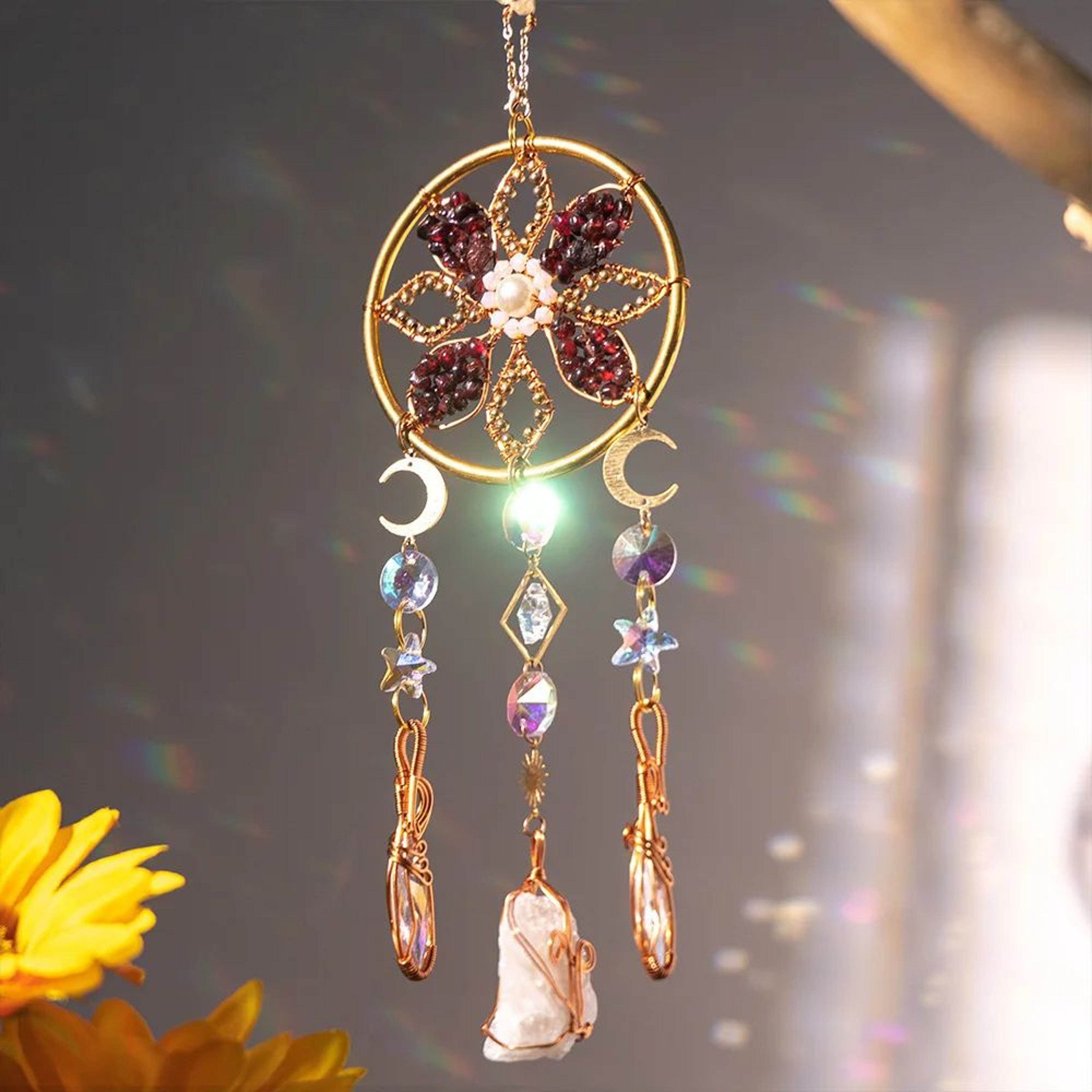 Crystal Sun Moon Suncatcher Prism Wind Chime Hanging Light Decor 5