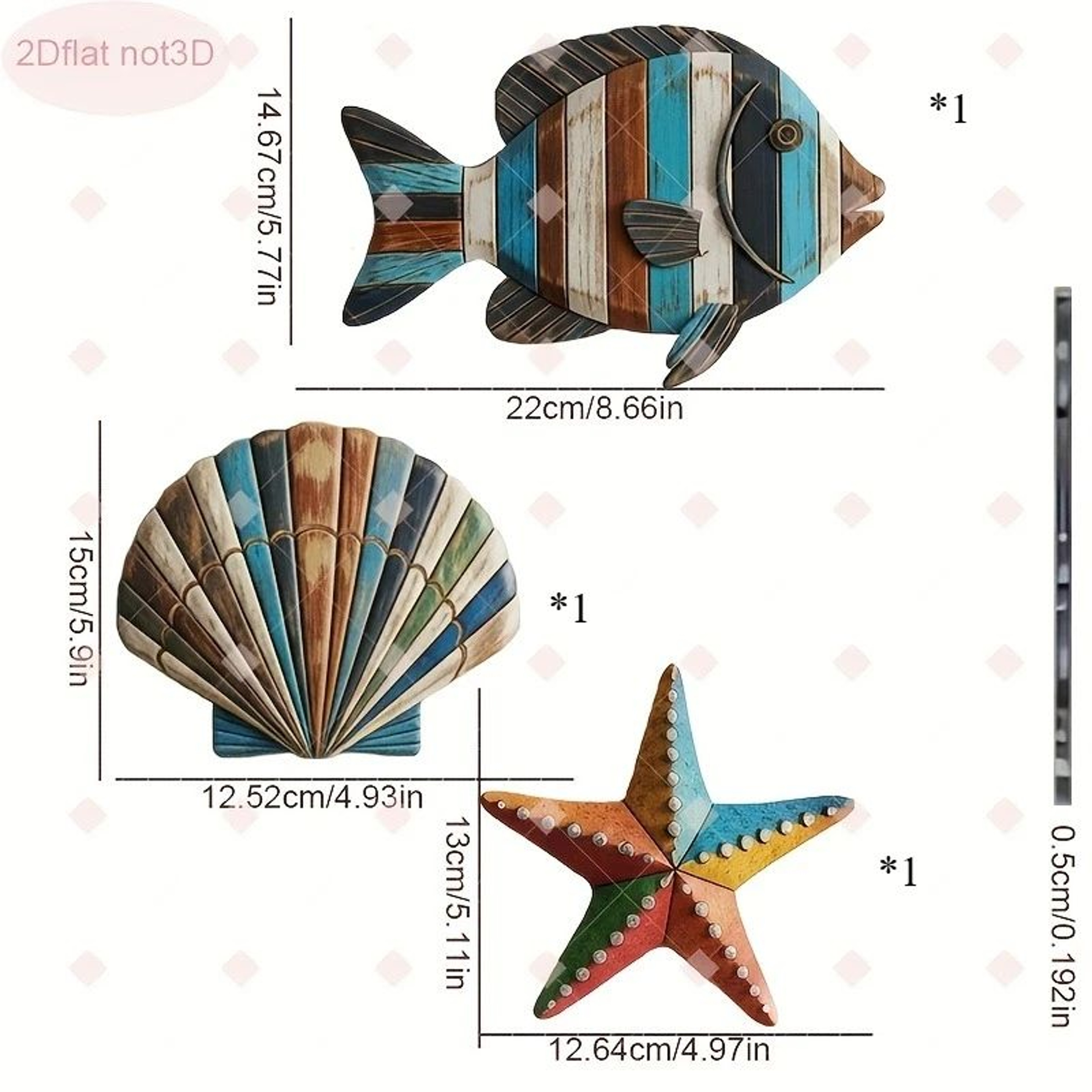 Coastal Wooden Ocean Decor Set Fish Shell Starfish Beach Theme Home Accents 6