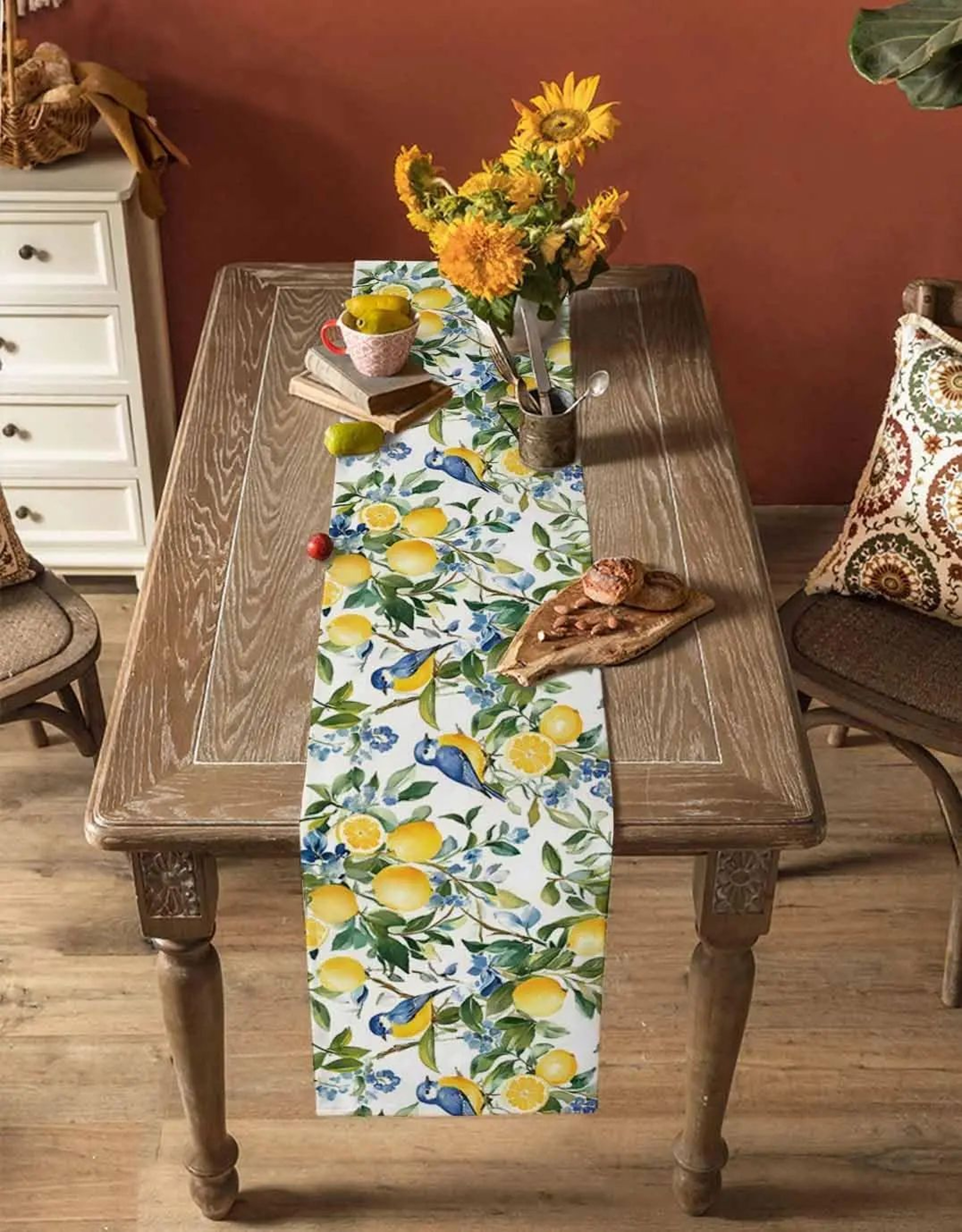 Lemon Tree Table Runner Blue Bird Linen Floral Dining Table Decor 3