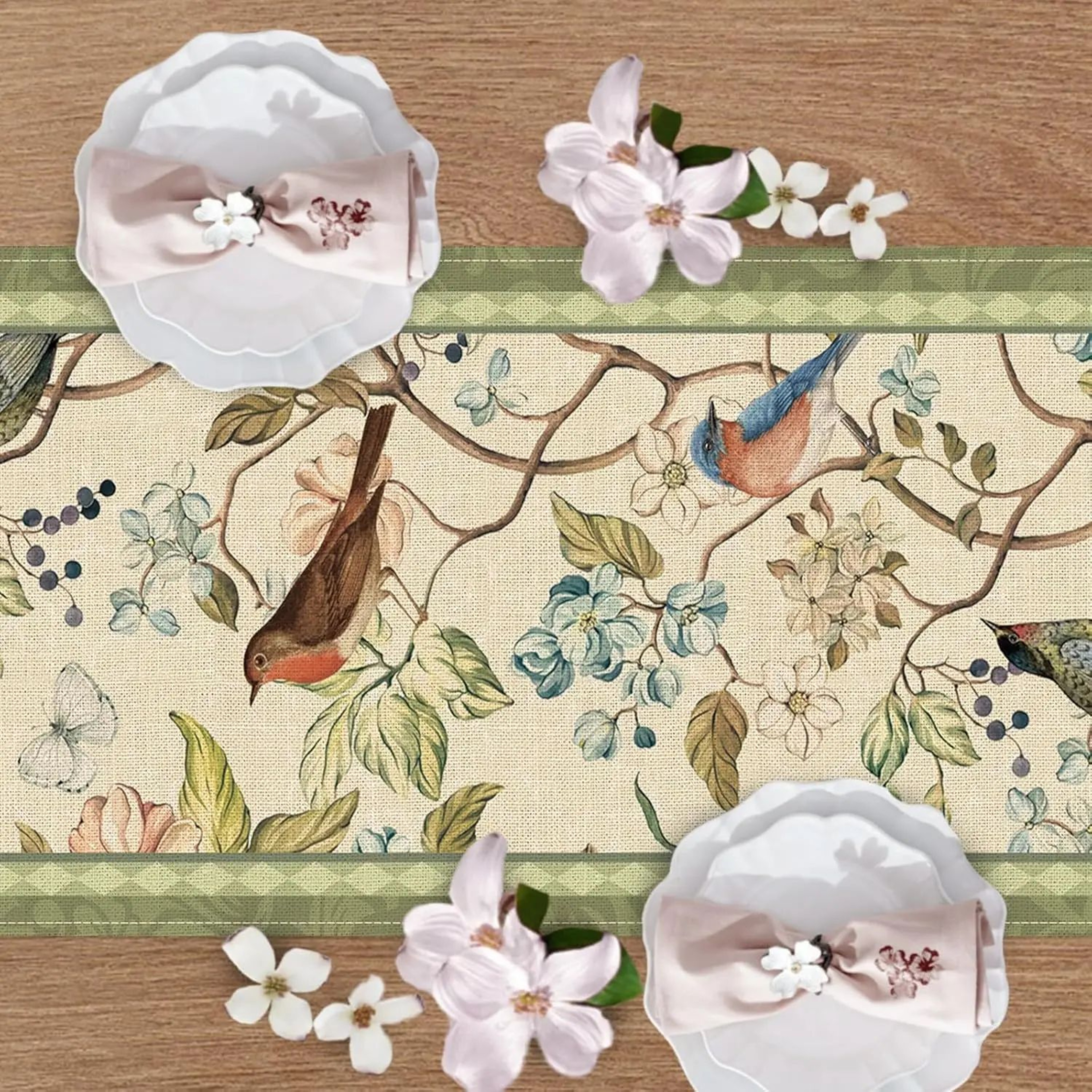 Vintage Floral Bird Linen Table Runner Farmhouse Dining Table Decor 2