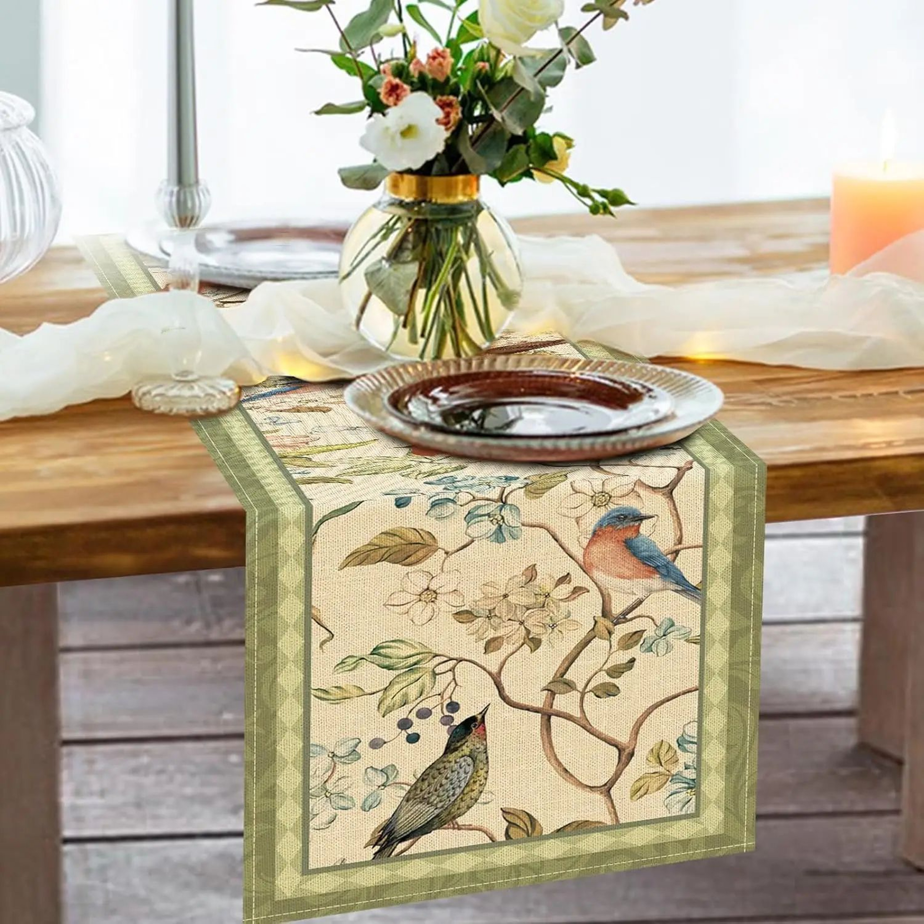 Vintage Floral Bird Linen Table Runner Farmhouse Dining Table Decor 3