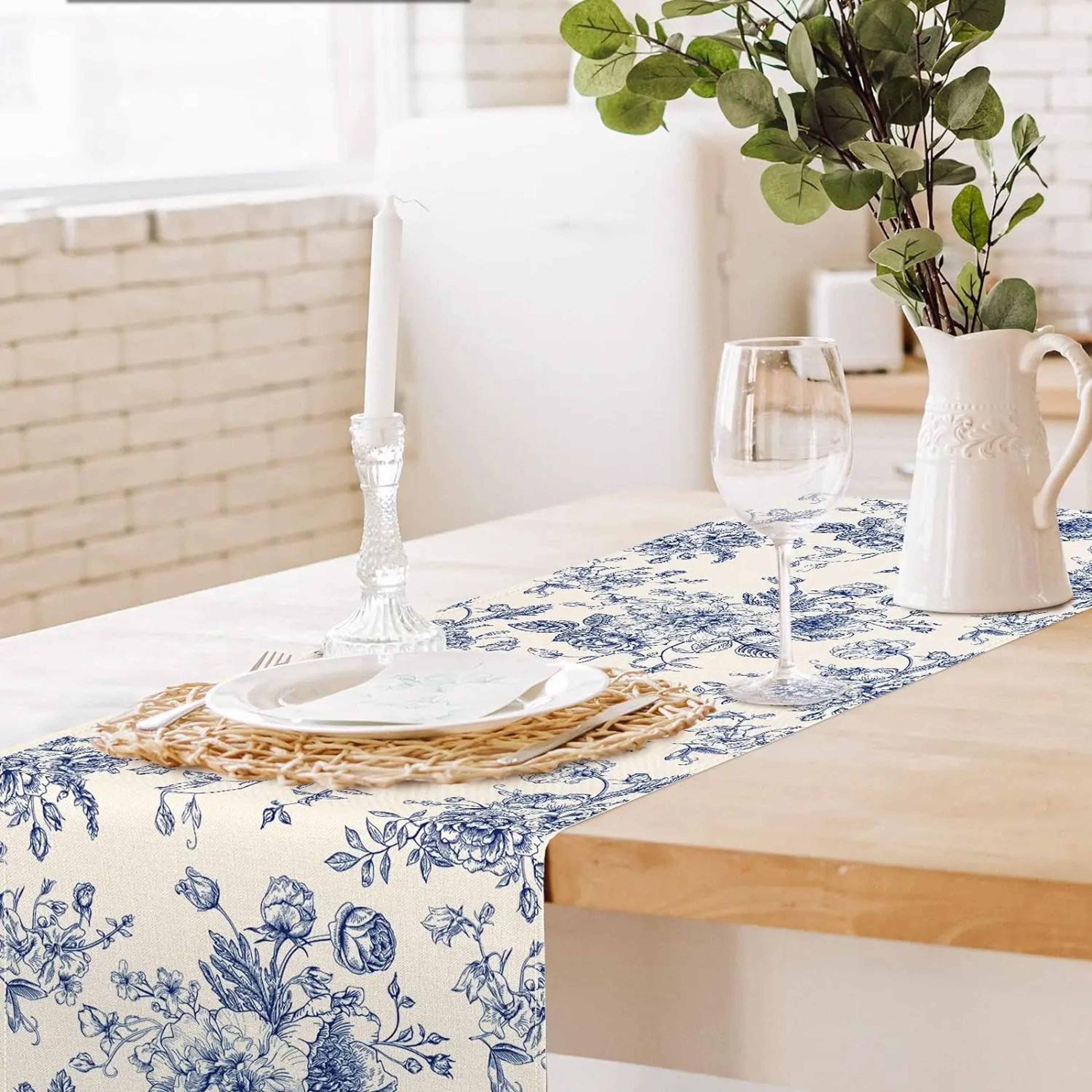 Elegant Blue Floral Linen Table Runner Chinoiserie Dining Decor 3