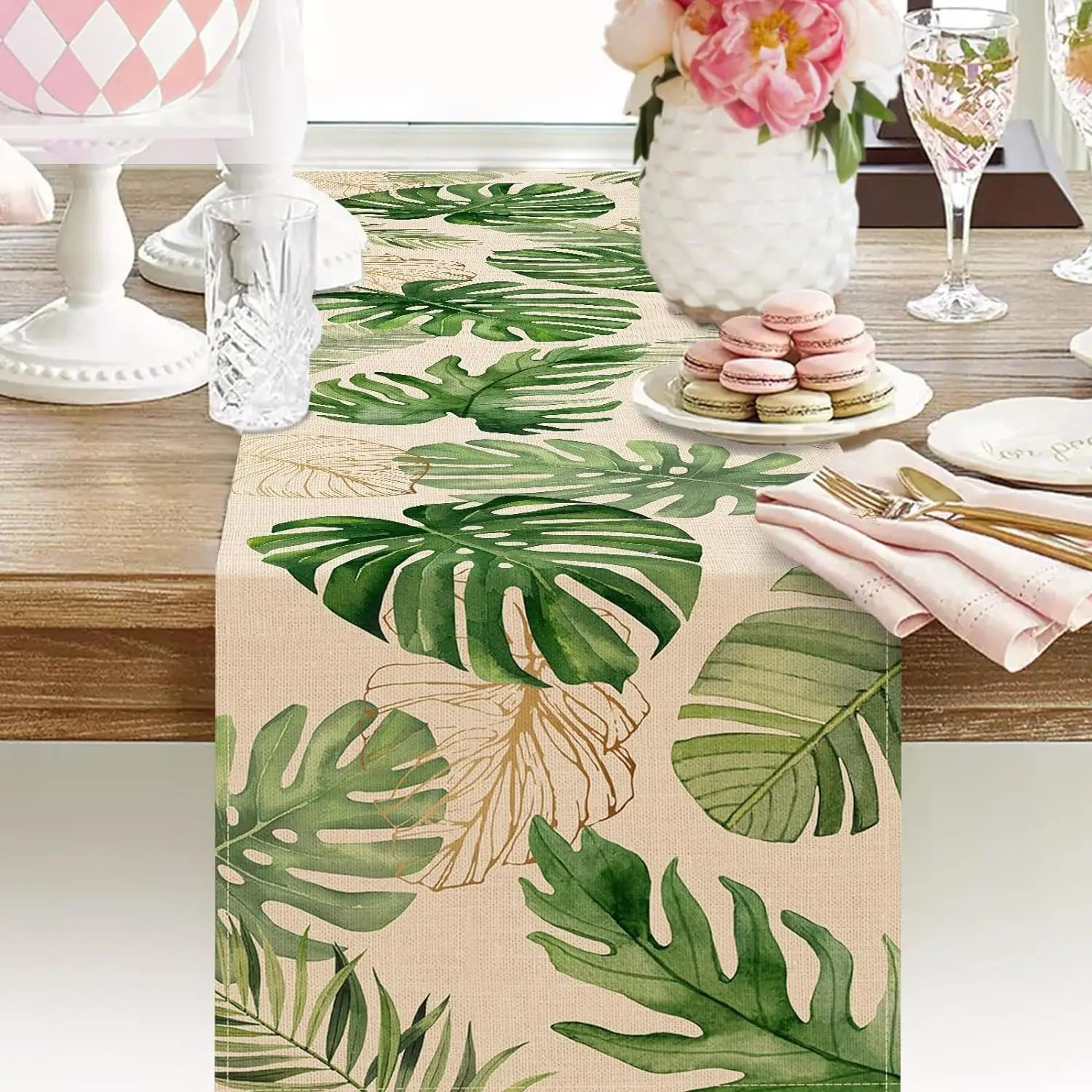 Tropical Palm Leaves Linen Table Runner Summer Greenery Table Decor 2