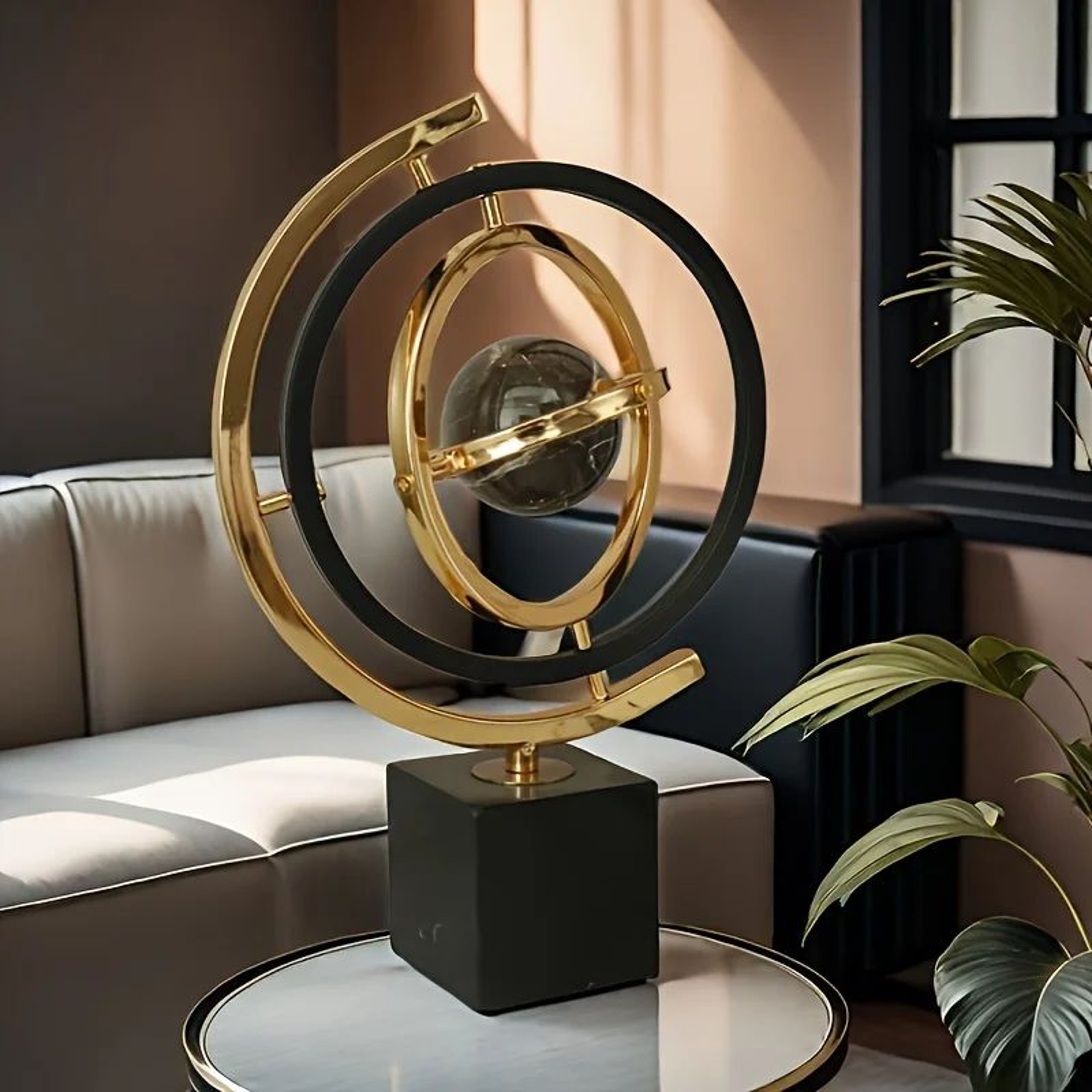 Modern Metal Globe Sculpture Black Gold Abstract Desk Decor 0