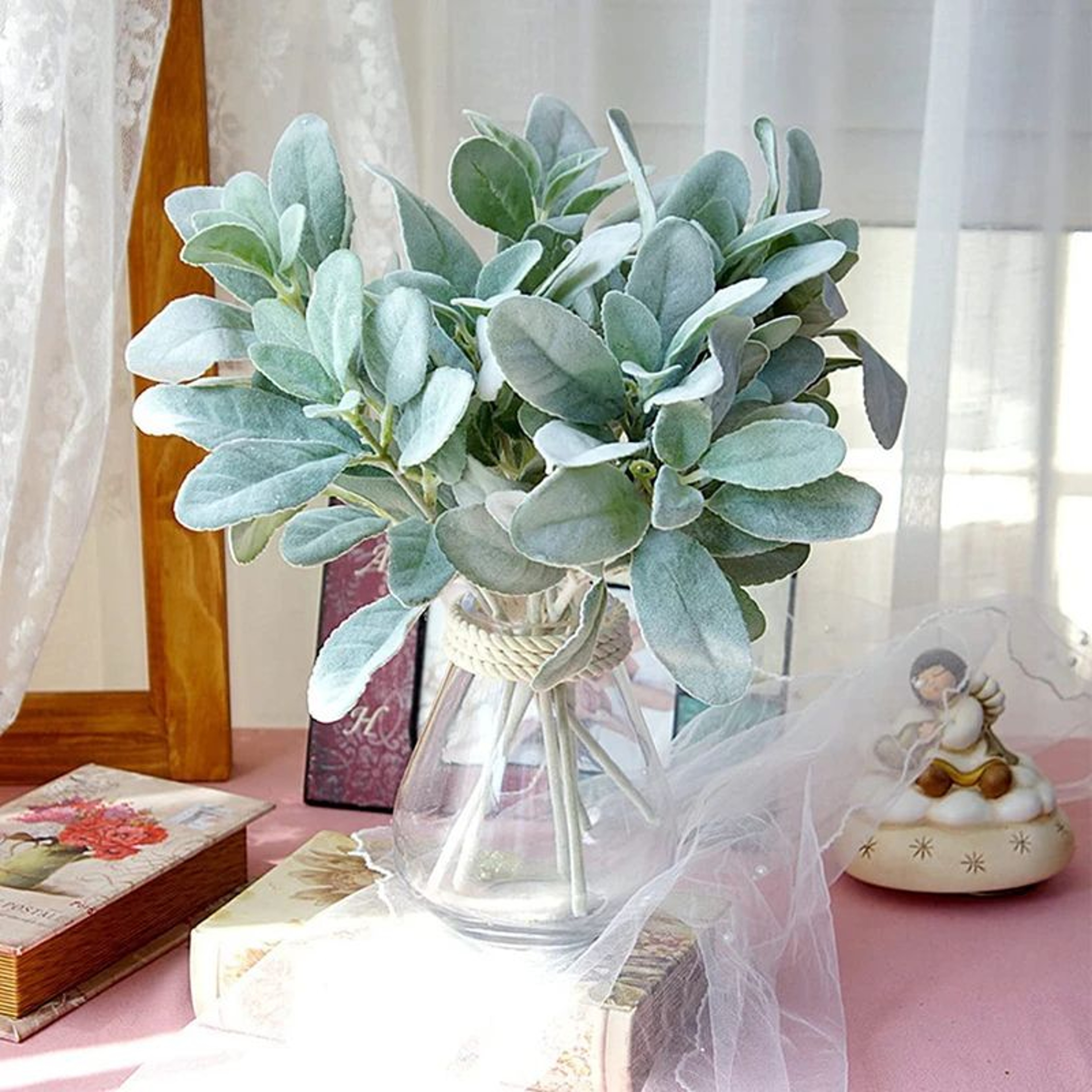 Artificial Lambs Ear Greenery Stems Soft Faux Leaves Wedding Decor Set 1