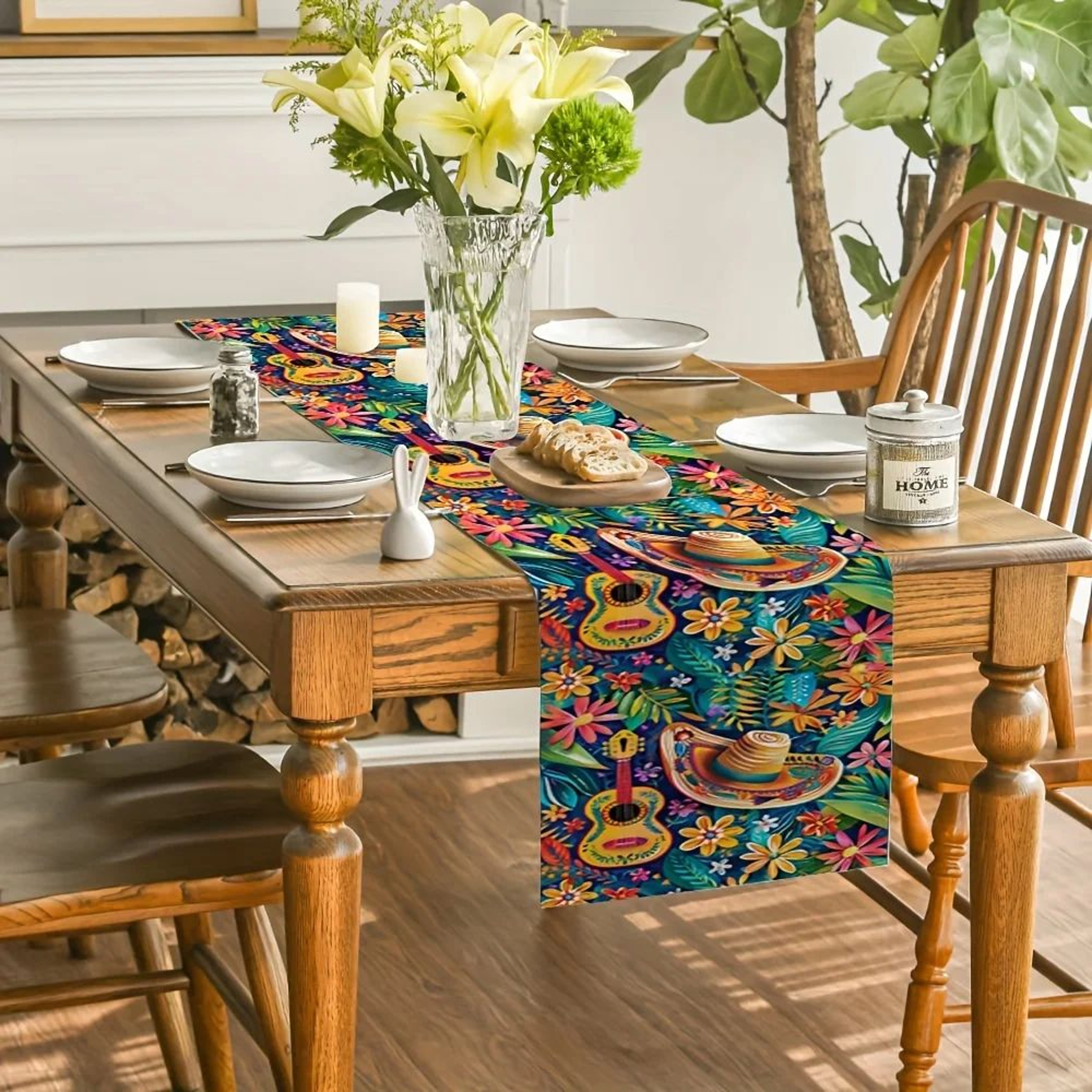 Mexican Style Table Runner Colorful Cactus Floral Linen Dining Decor 2