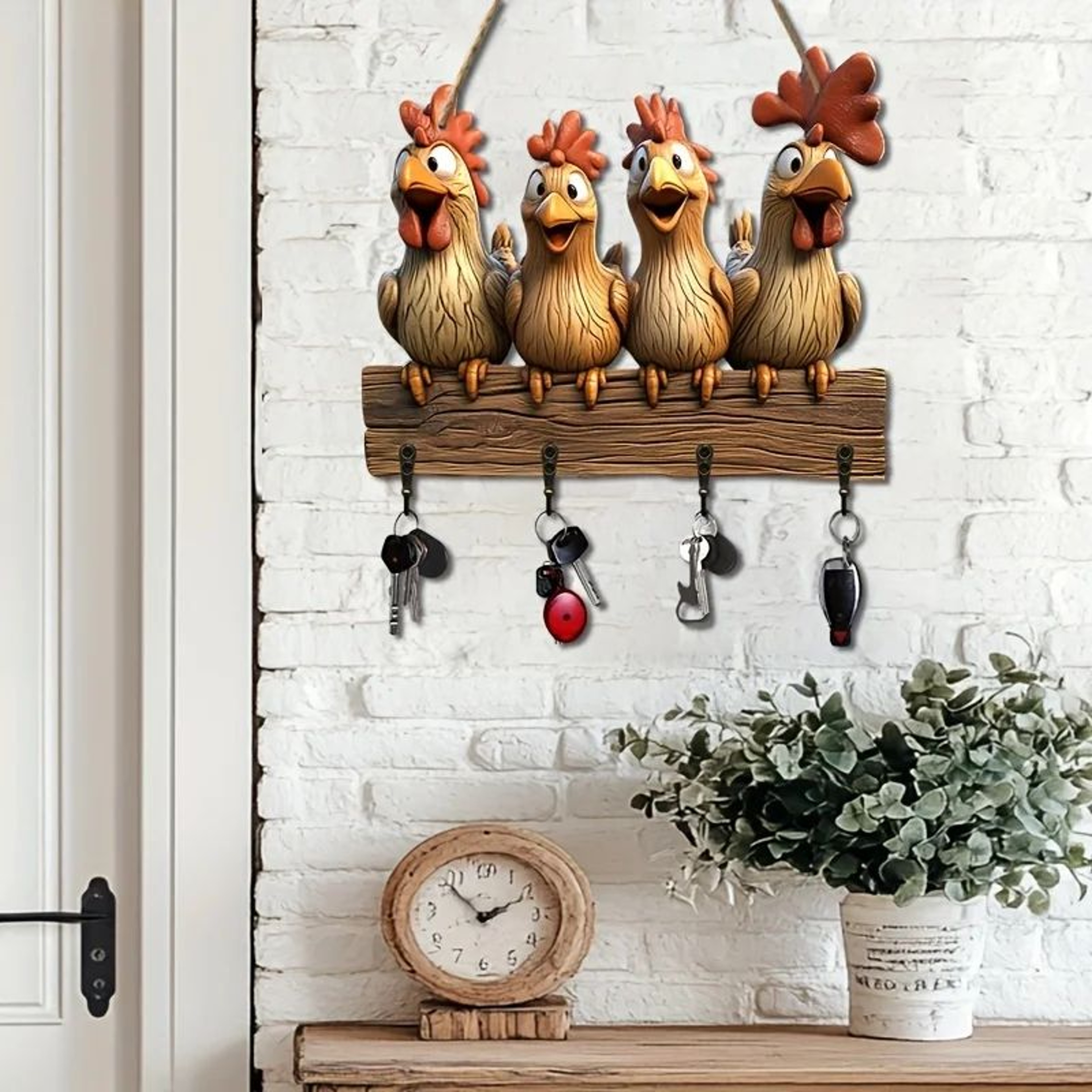 Wooden Chicken Key Holder Wall Mounted Decorative Key Rack 0
