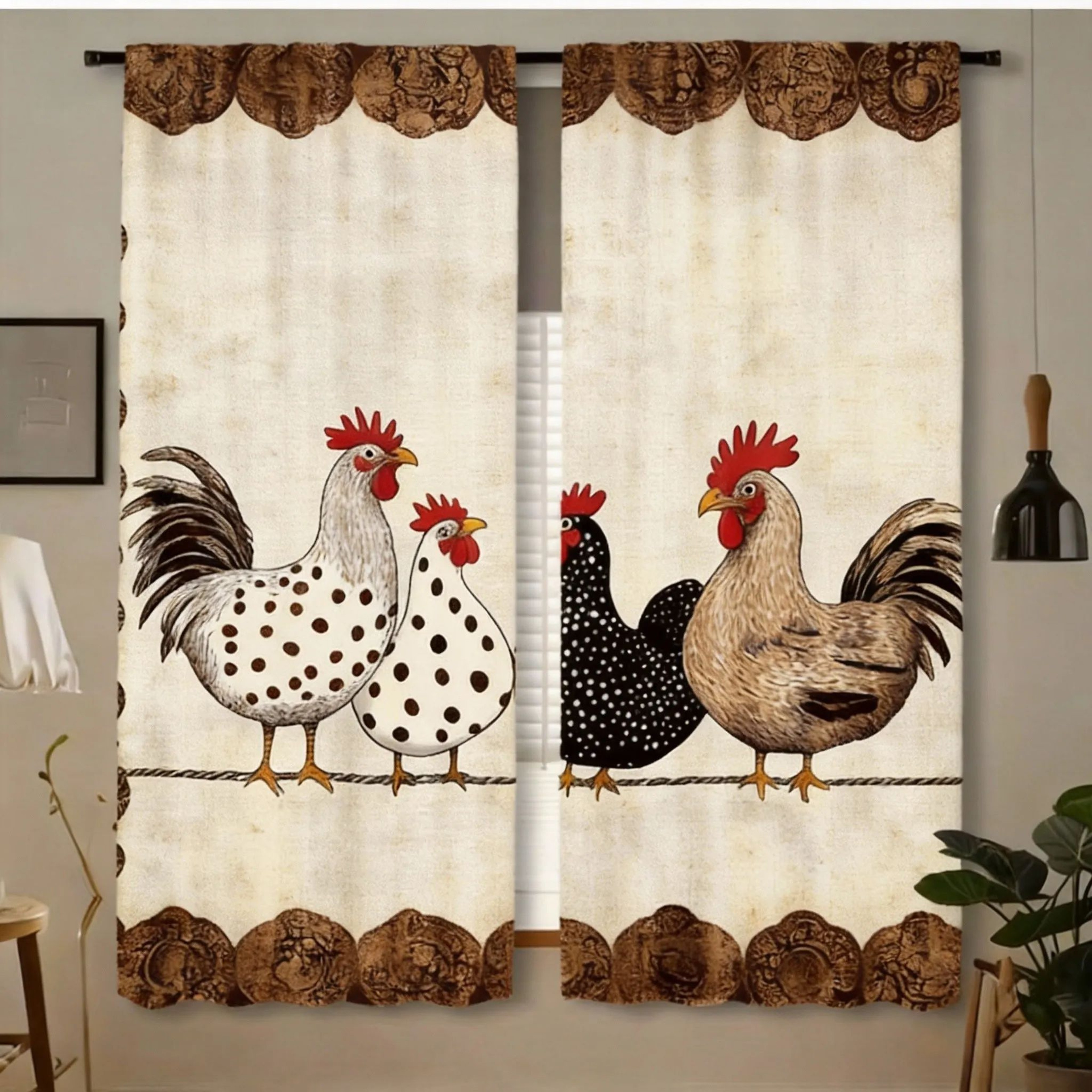 Retro Chicken Print Cafe Curtains Polka Dot Kitchen Window Drapes 2