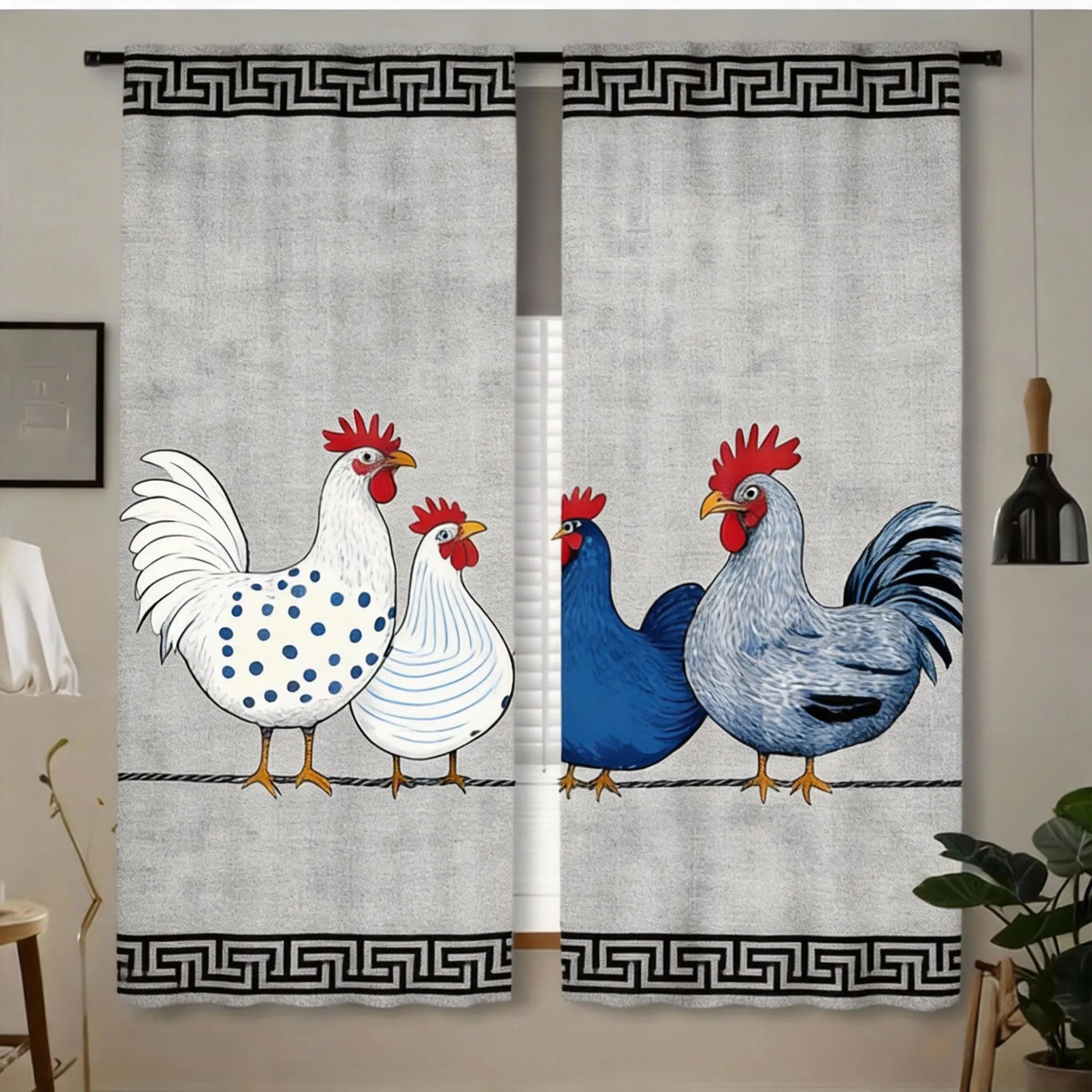 Retro Chicken Print Cafe Curtains Polka Dot Kitchen Window Drapes 12
