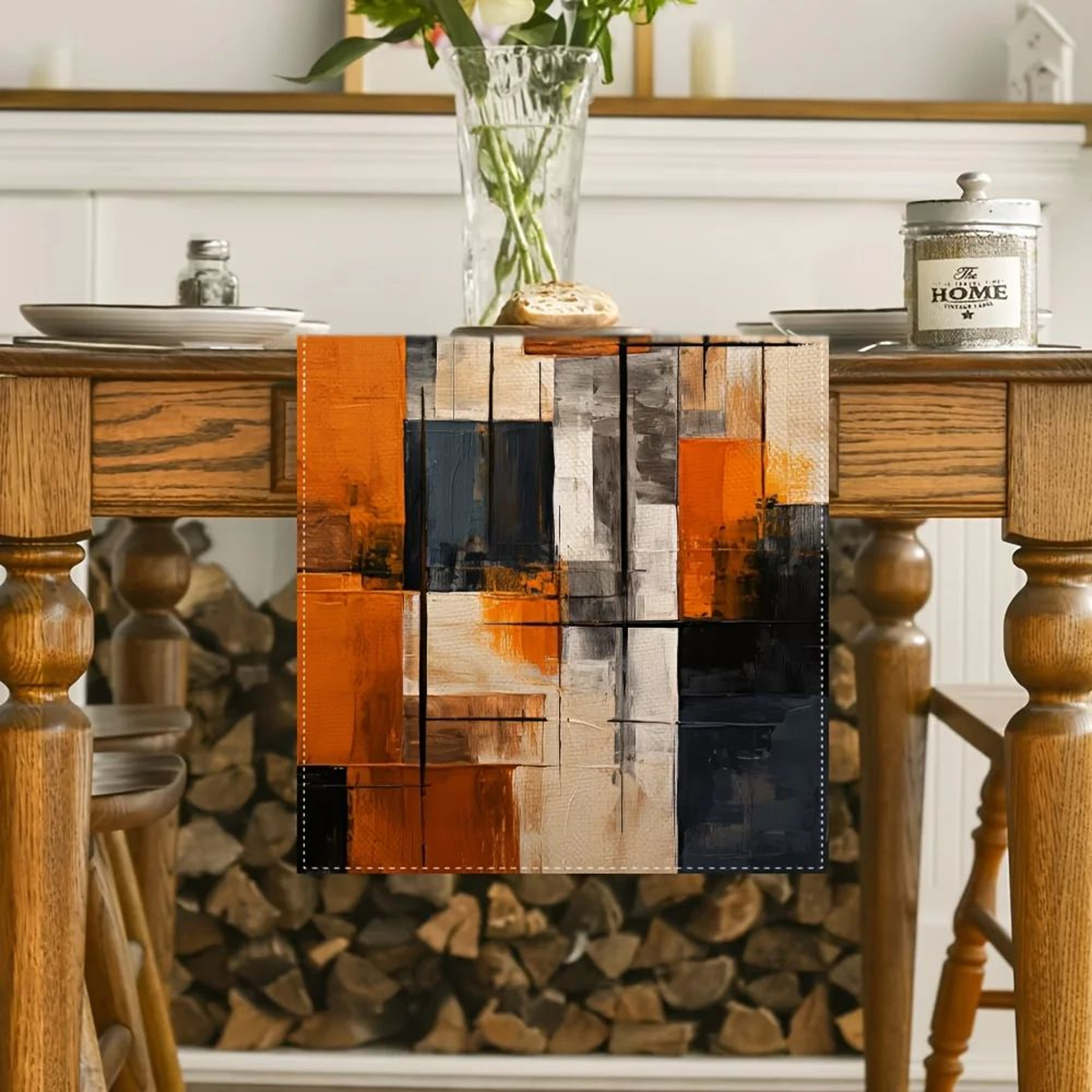 Abstract Linen Table Runner Modern Orange Black Stripe Table Decor 1