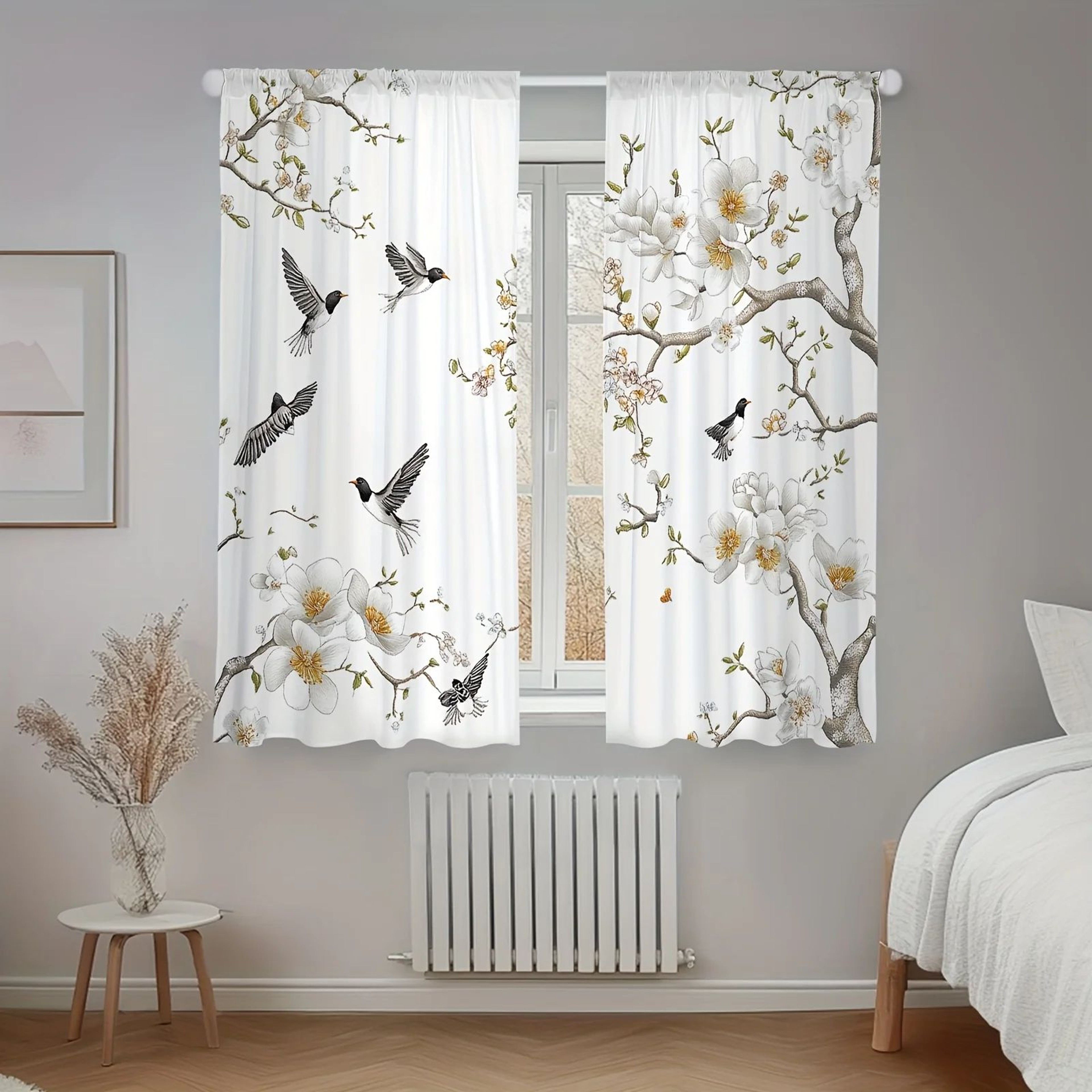 Floral Bird Print Curtains Elegant Window Drapes For Living Room And Bedroom 1