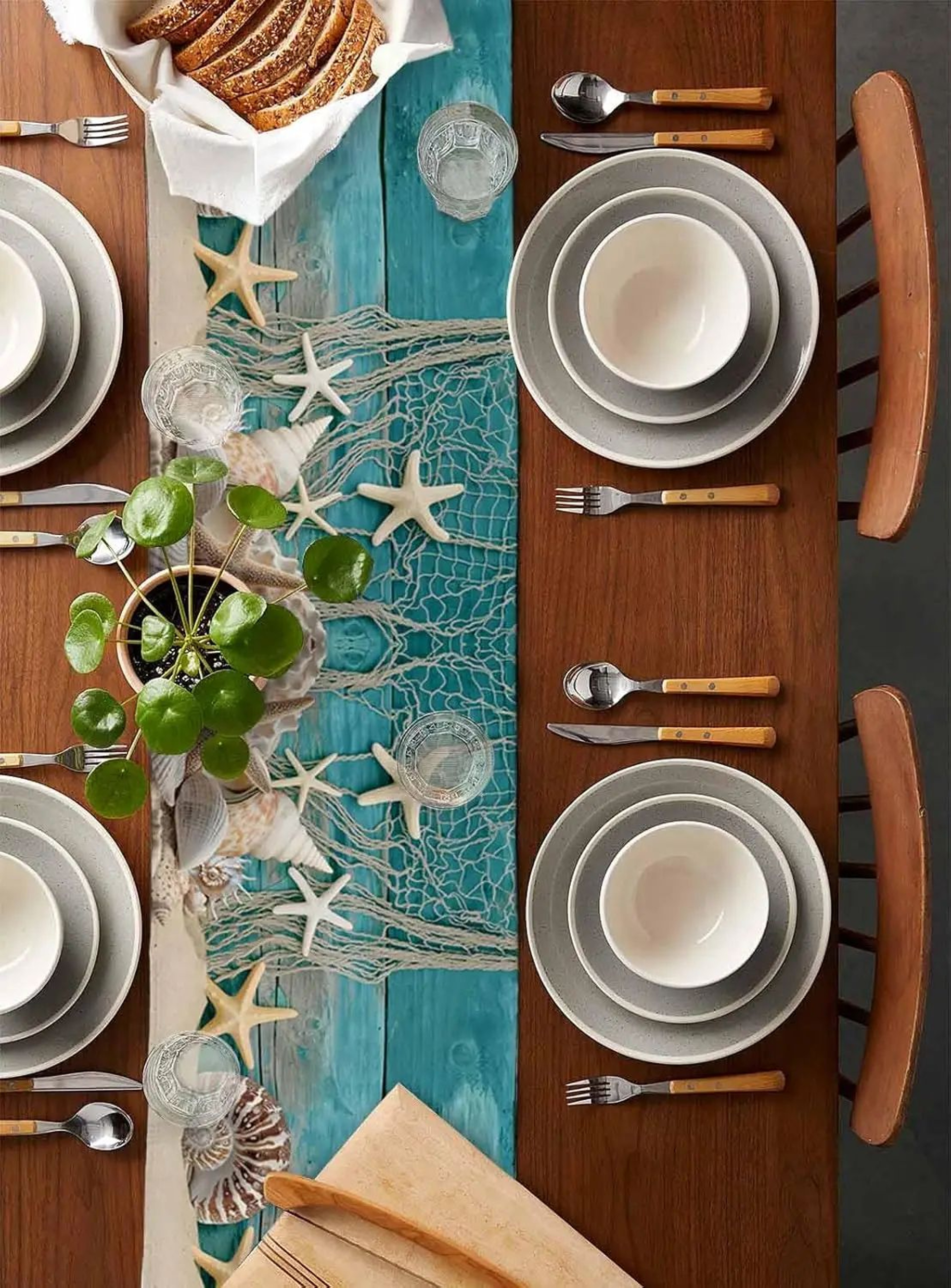 Coastal Beach Table Runner Starfish Shell Linen Ocean Theme Decor 2
