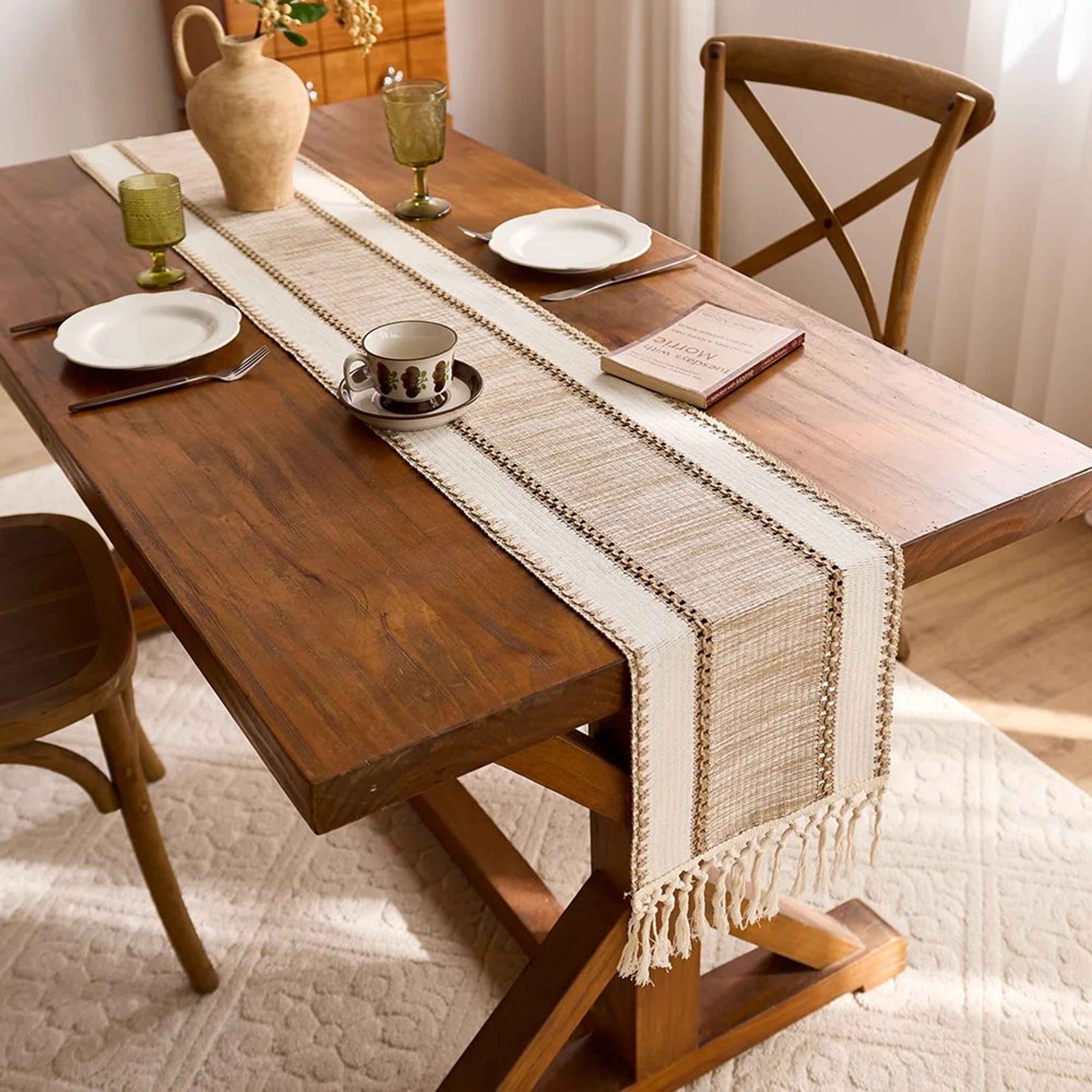 Nordic Boho Green Table Runner Handwoven Striped Tassel Table Decor 2