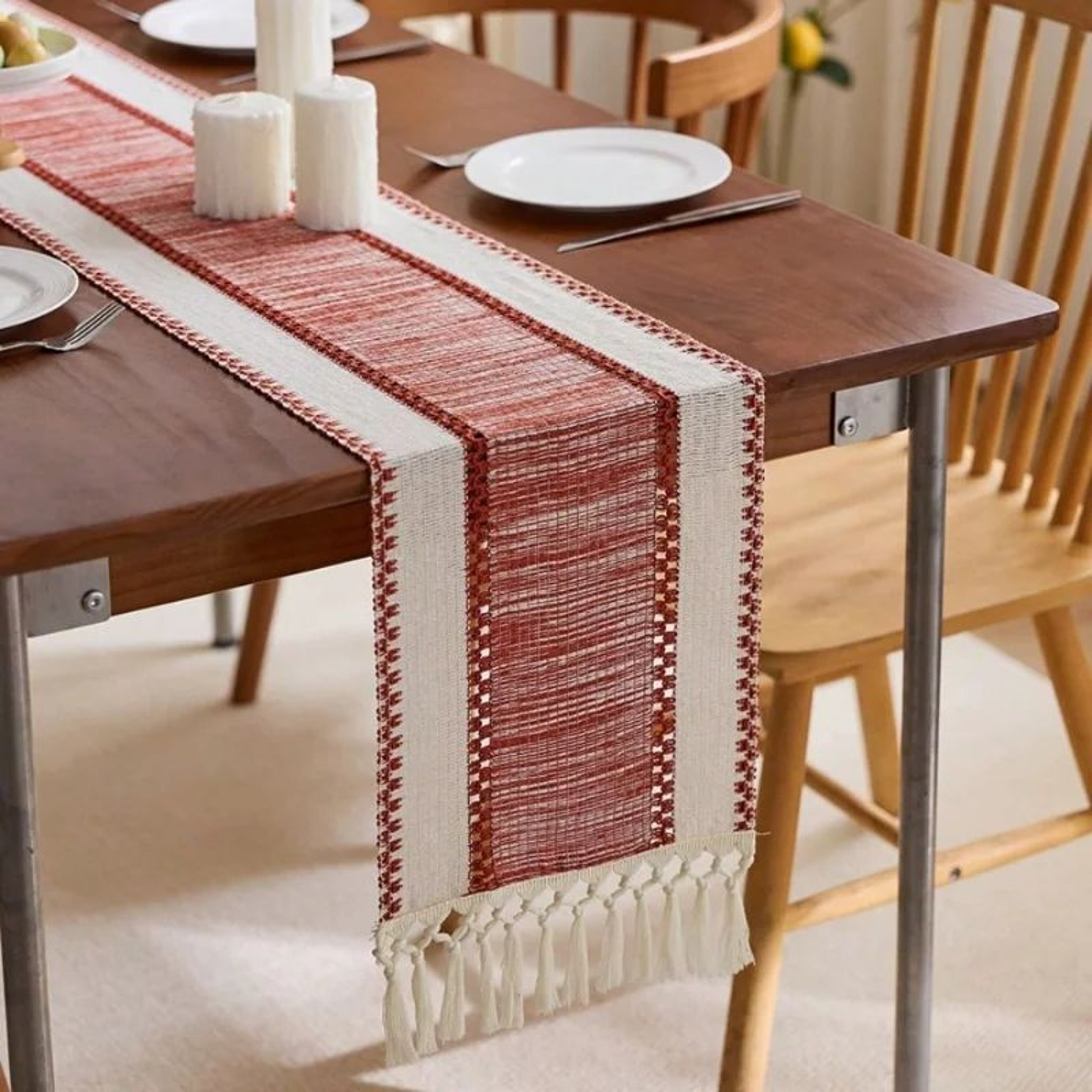 Nordic Boho Green Table Runner Handwoven Striped Tassel Table Decor 10