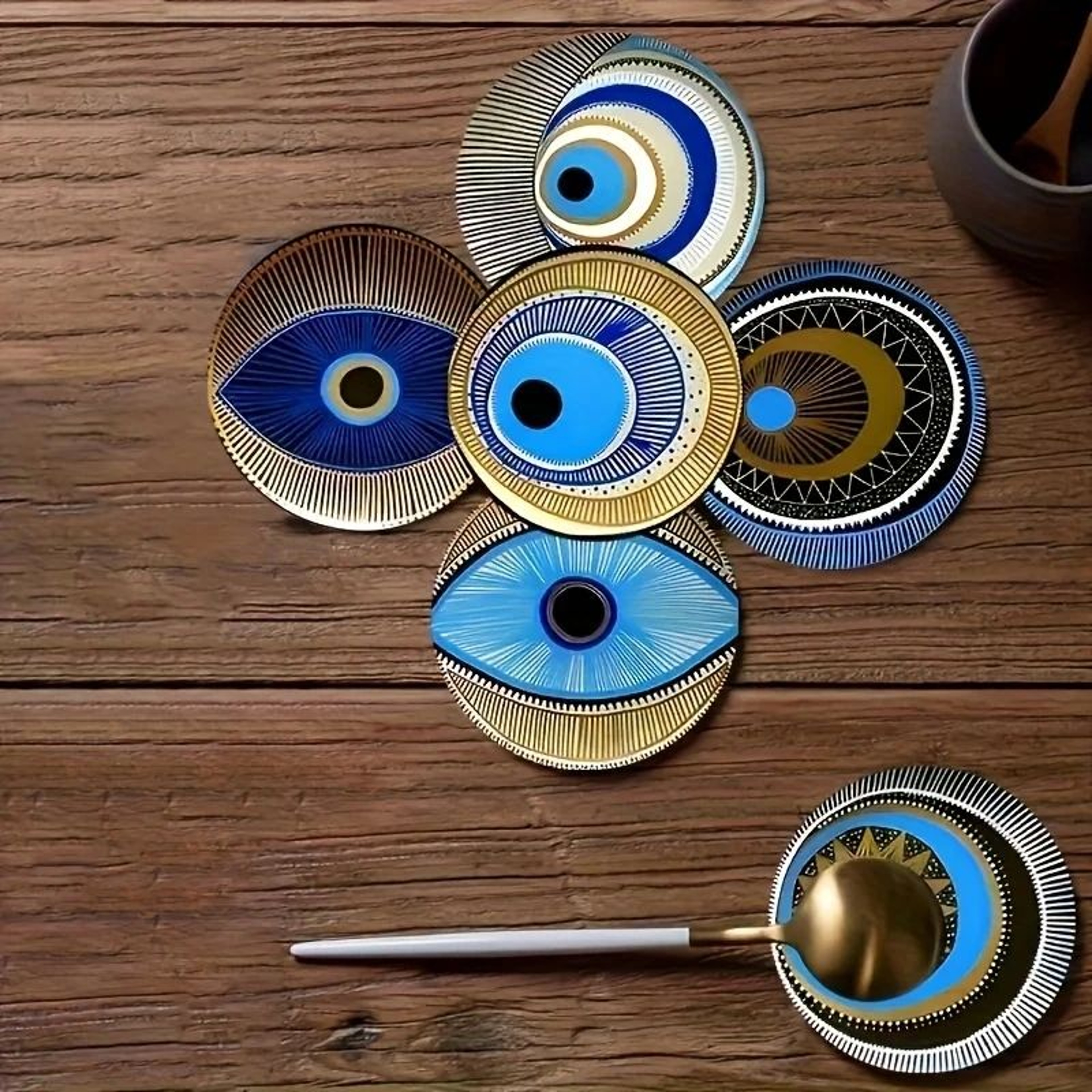 Devil Eye Wooden Coasters Set Protective Drink Coasters Boho Table Decor 2