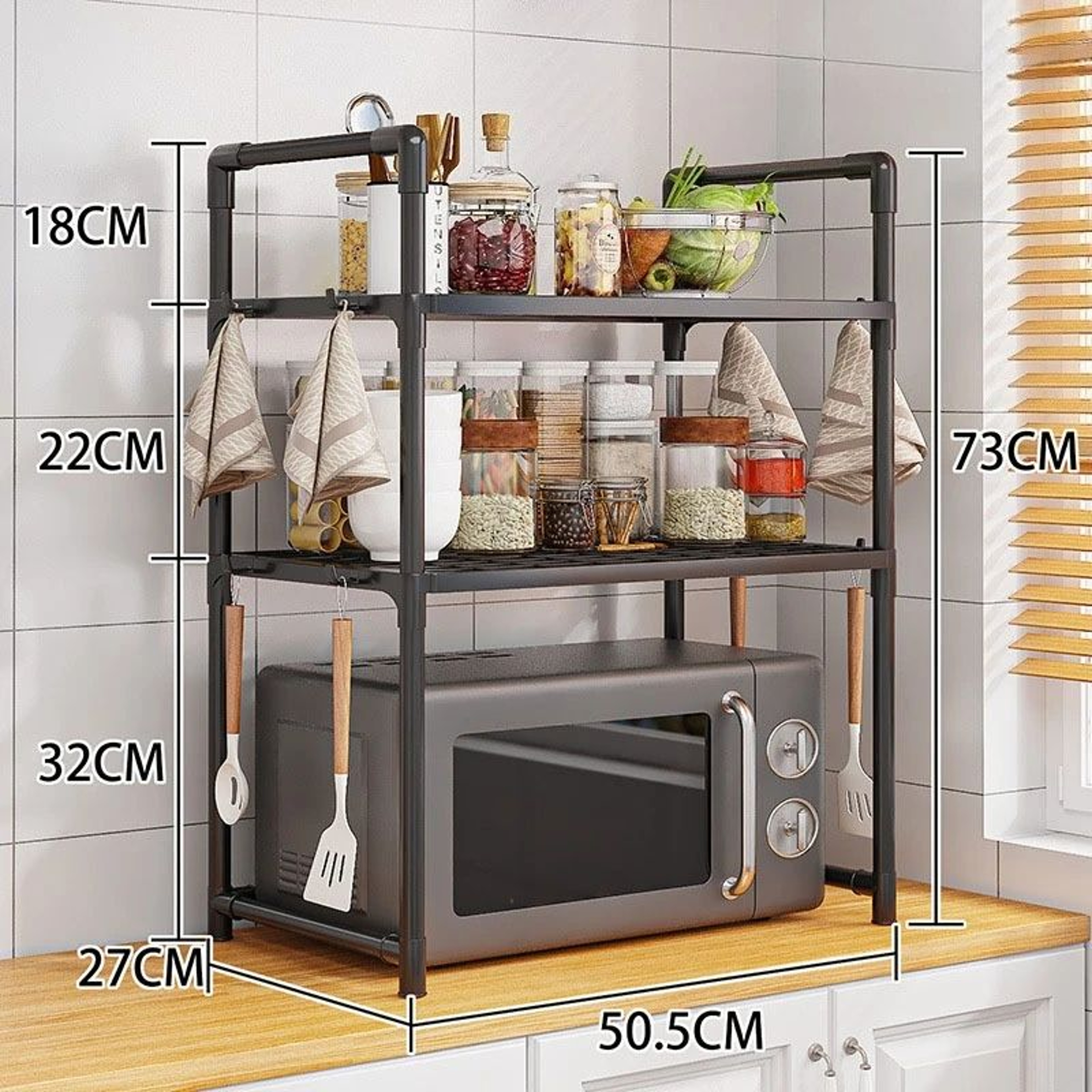 Adjustable Microwave Shelf Kitchen Counter Organizer Rack With Hooks 6
