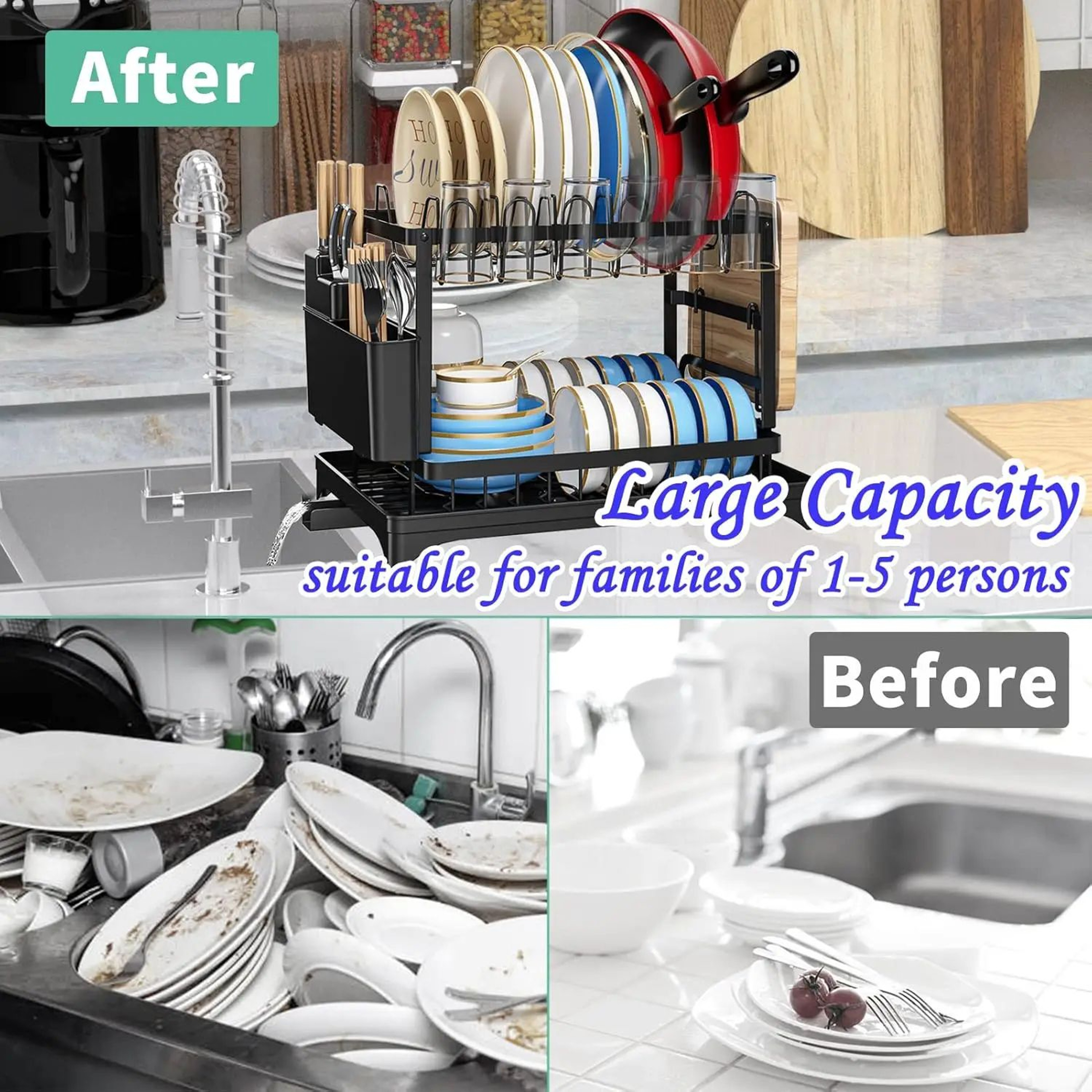 2 Tier Dish Drying Rack With Drip Tray Countertop Kitchen Organizer 3