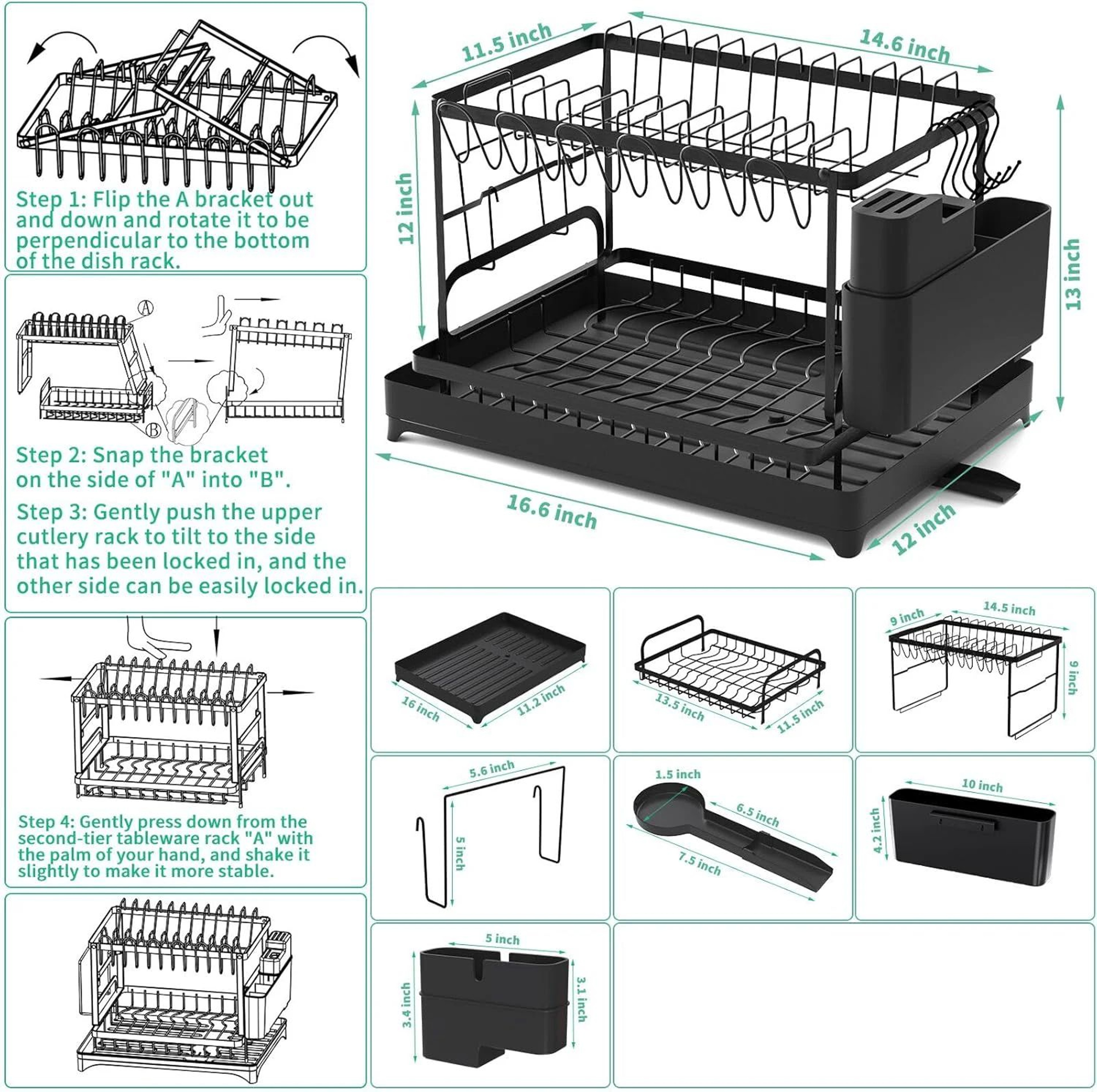 2 Tier Dish Drying Rack With Drip Tray Countertop Kitchen Organizer 5