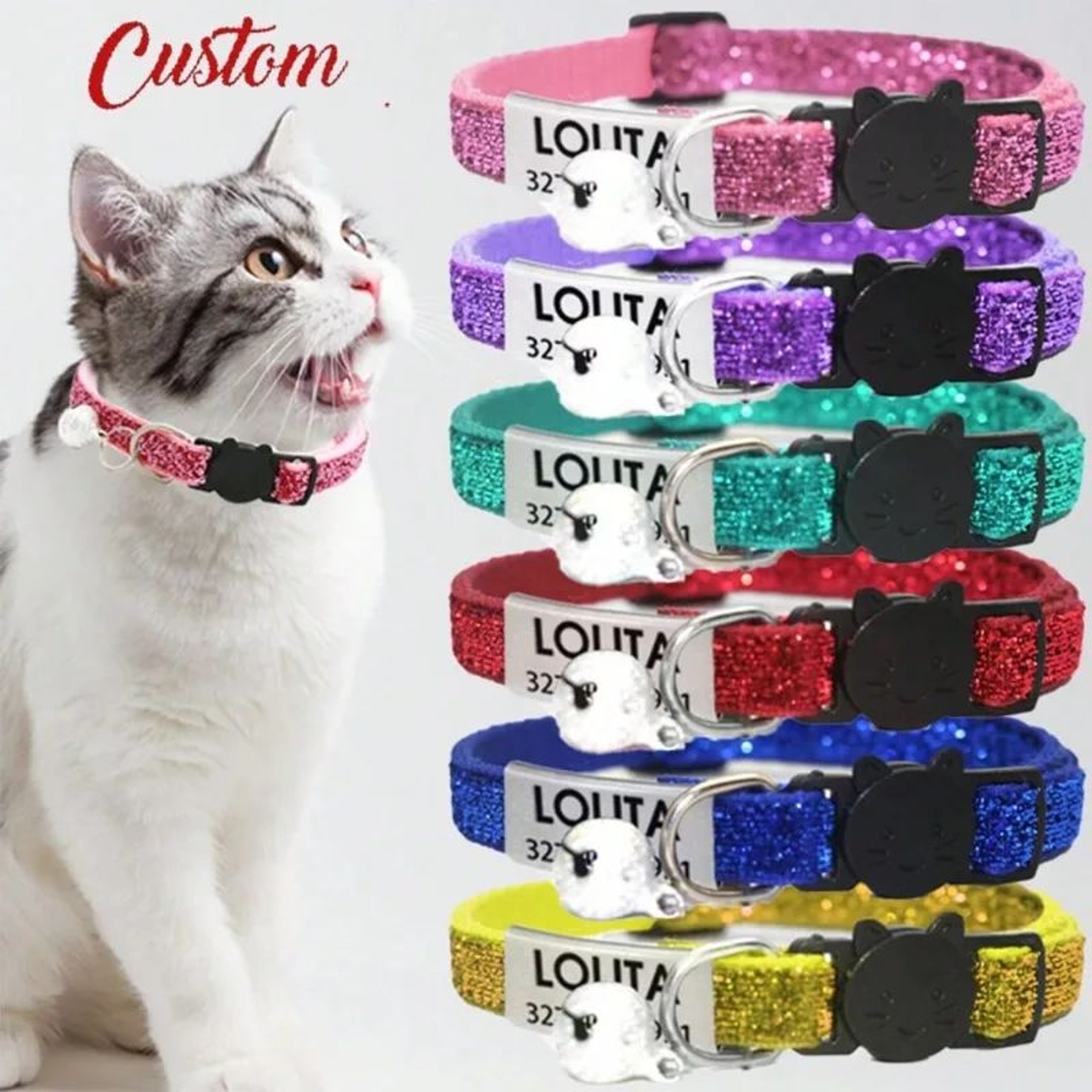 Customized Glitter Cat Collar With Engraved ID Tag And Breakaway Buckle 0