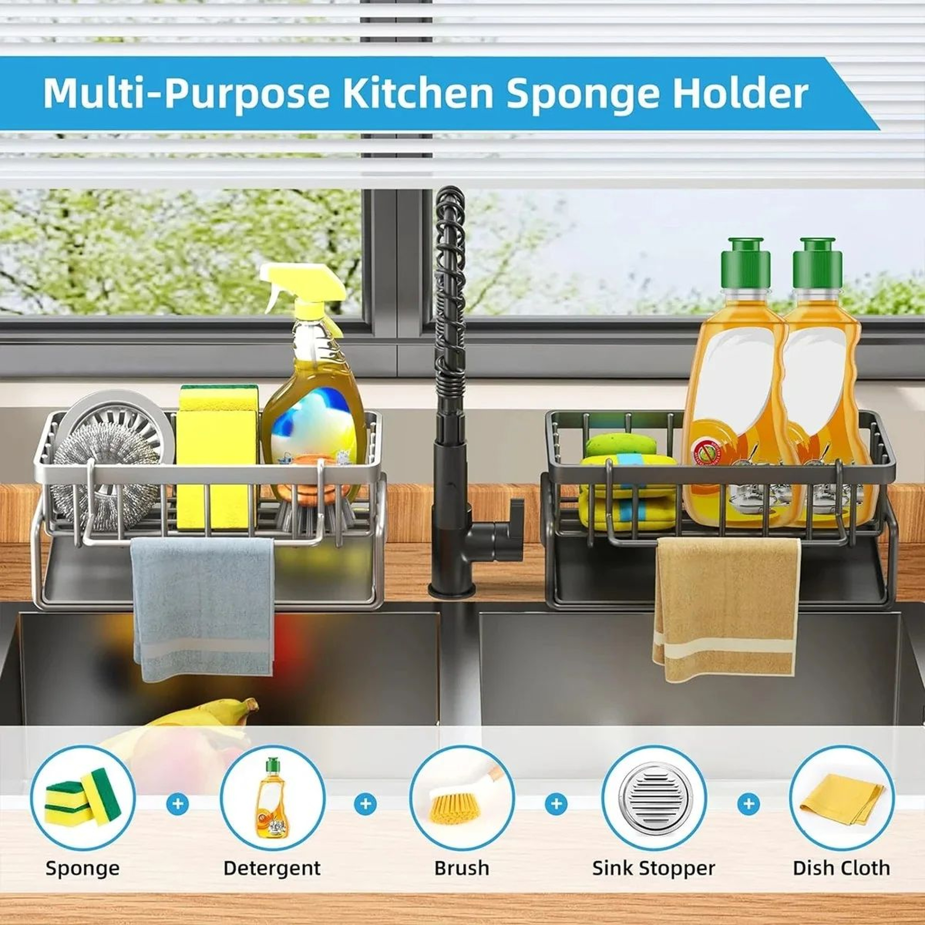 Faucet Mounted Sink Organizer Rack With Sponge Holder And Towel Bar 1