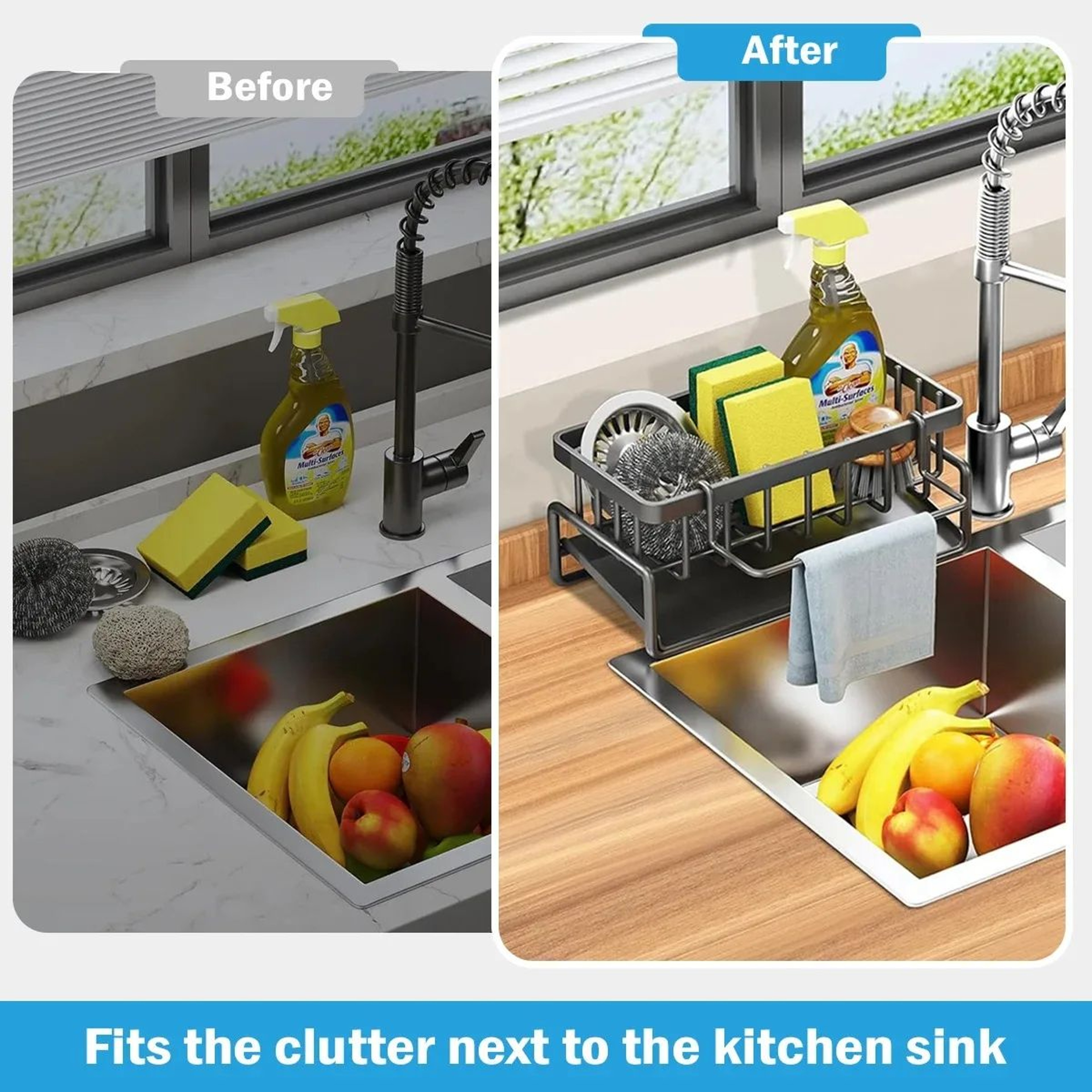 Faucet Mounted Sink Organizer Rack With Sponge Holder And Towel Bar 2