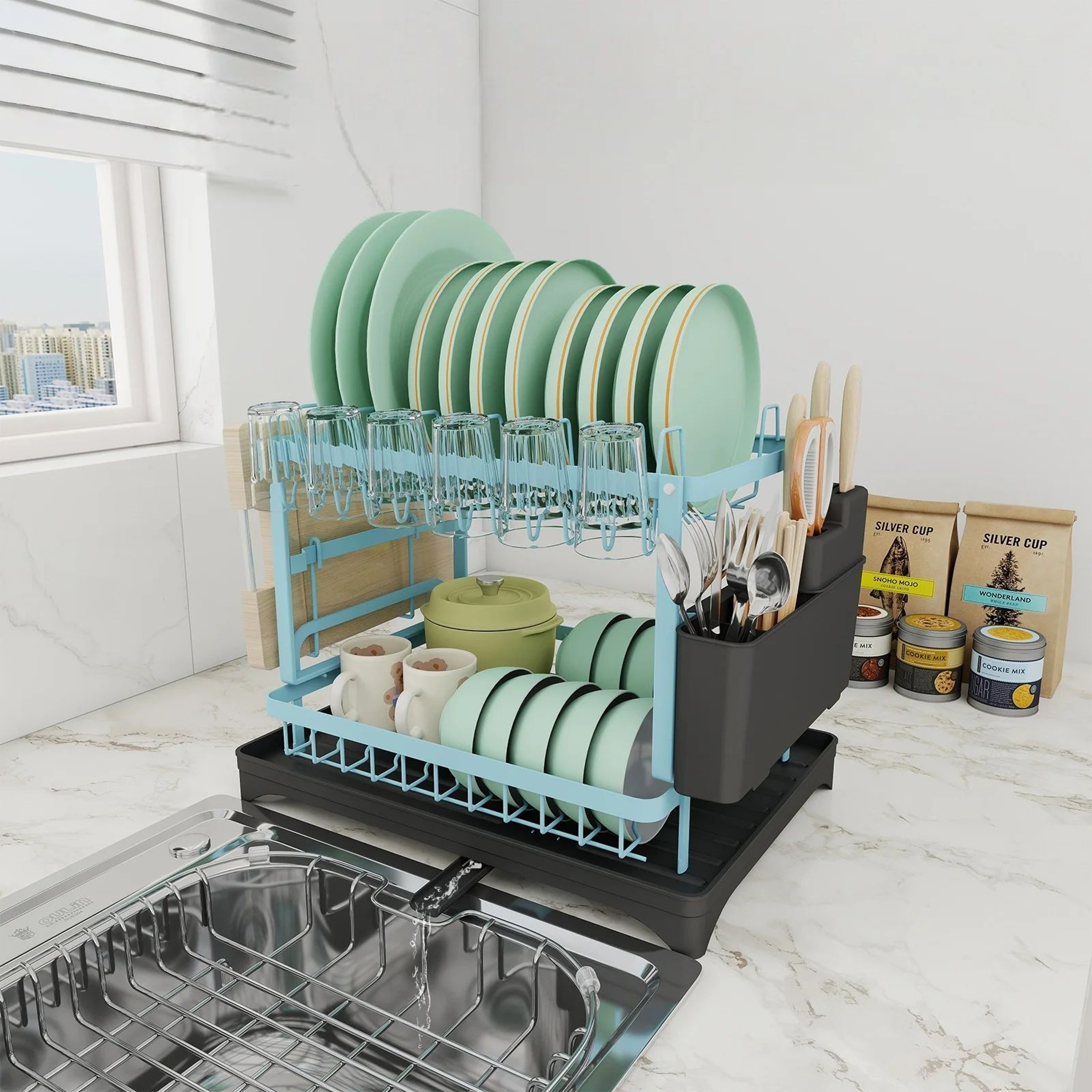 2 Tier Dish Drying Rack With Drainboard Rustproof Kitchen Organizer 9