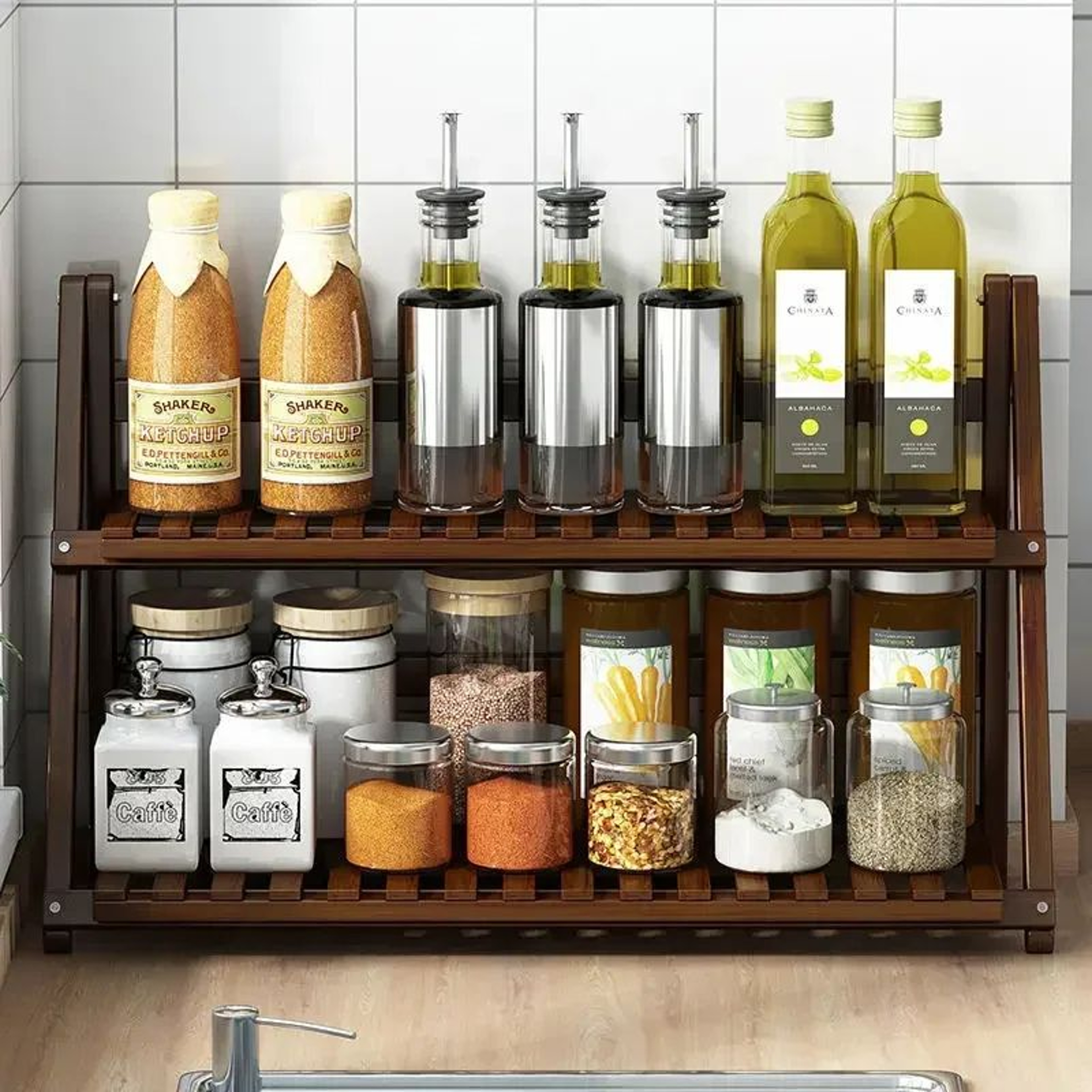 Bamboo Two Tier Countertop Storage Rack 1