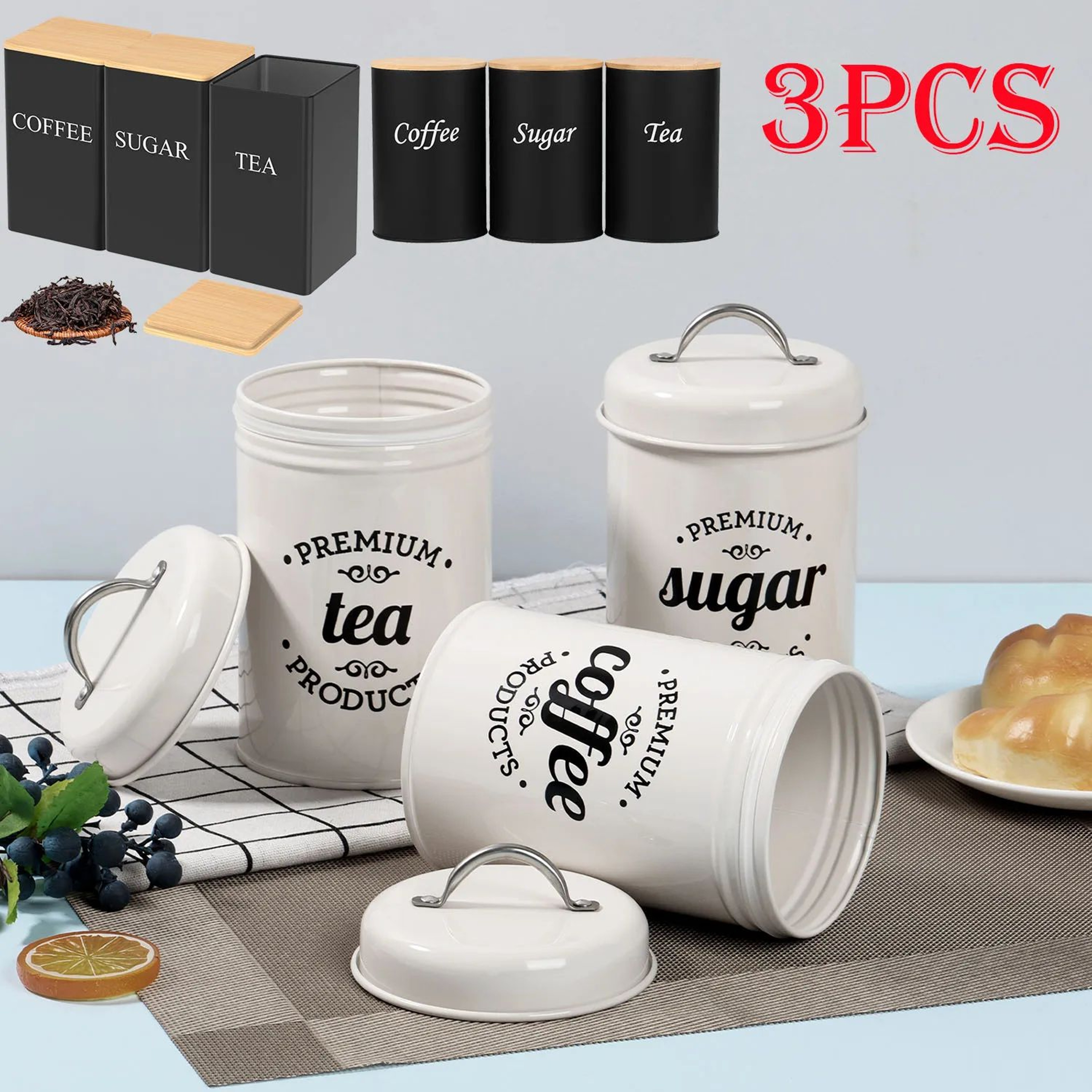 Metal Tea Coffee Sugar Canister Set With Lids 3 Piece Kitchen Storage Containers 0