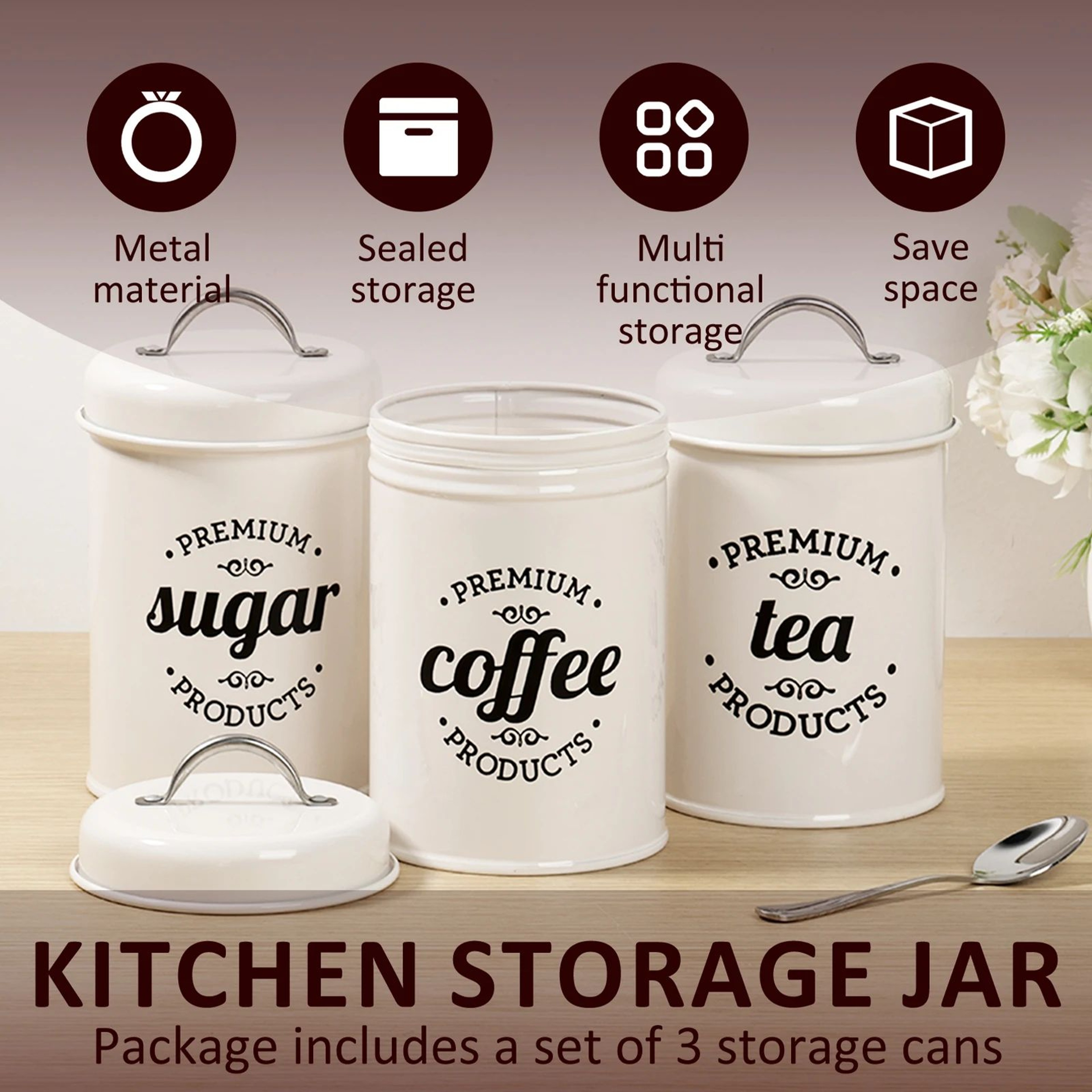 Metal Tea Coffee Sugar Canister Set With Lids 3 Piece Kitchen Storage Containers 1