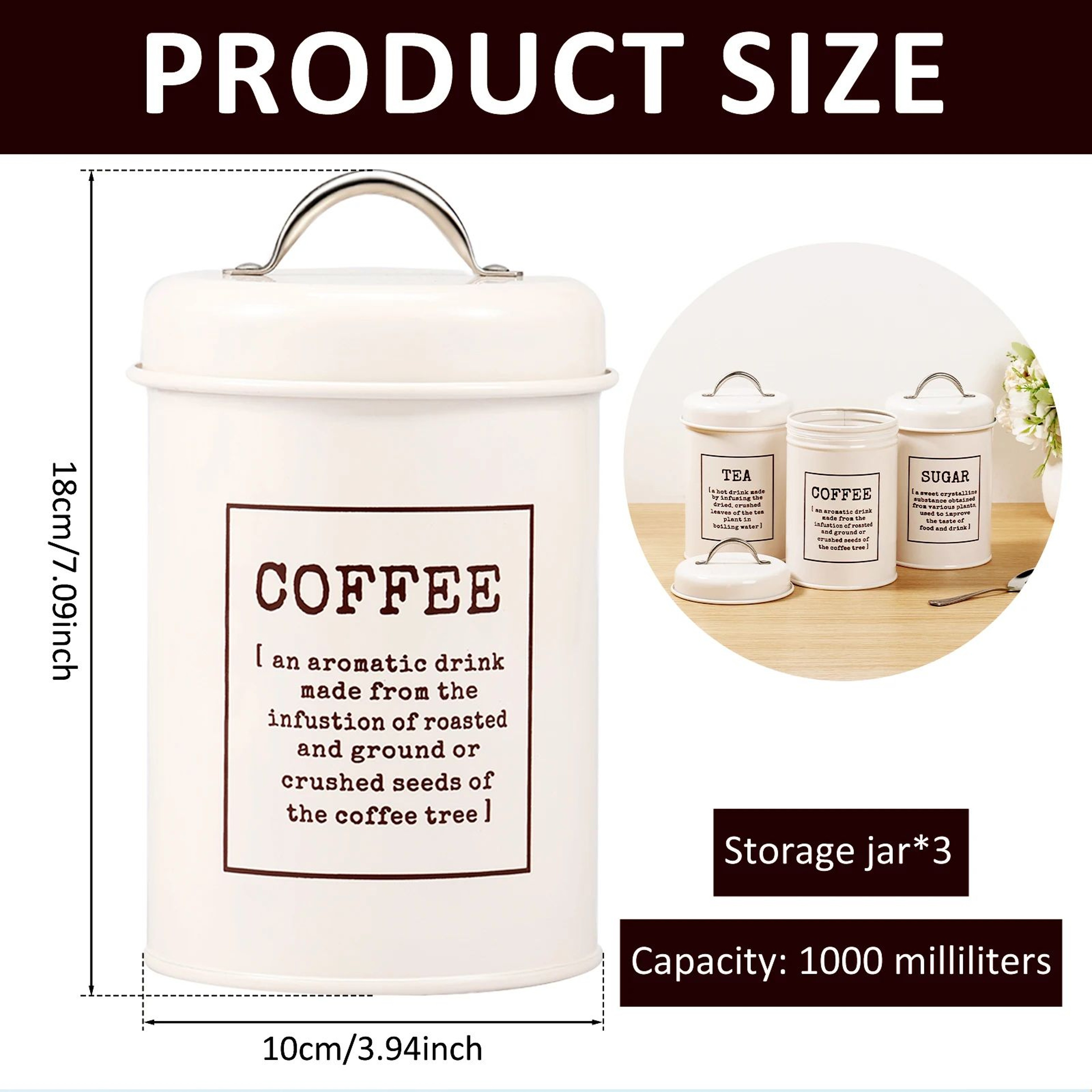 Metal Tea Coffee Sugar Canister Set With Lids 3 Piece Kitchen Storage Containers 9