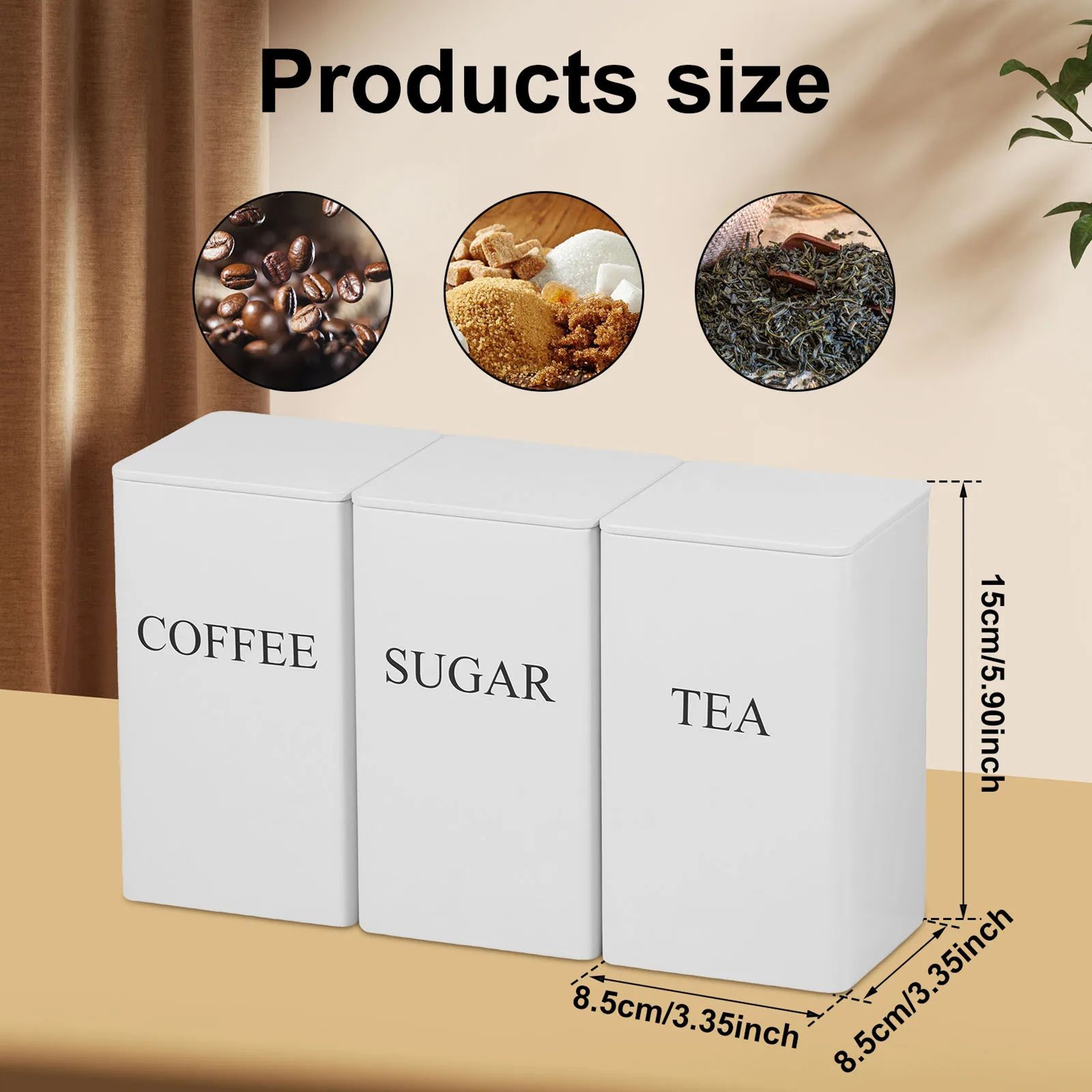 Metal Tea Coffee Sugar Canister Set With Lids 3 Piece Kitchen Storage Containers 11
