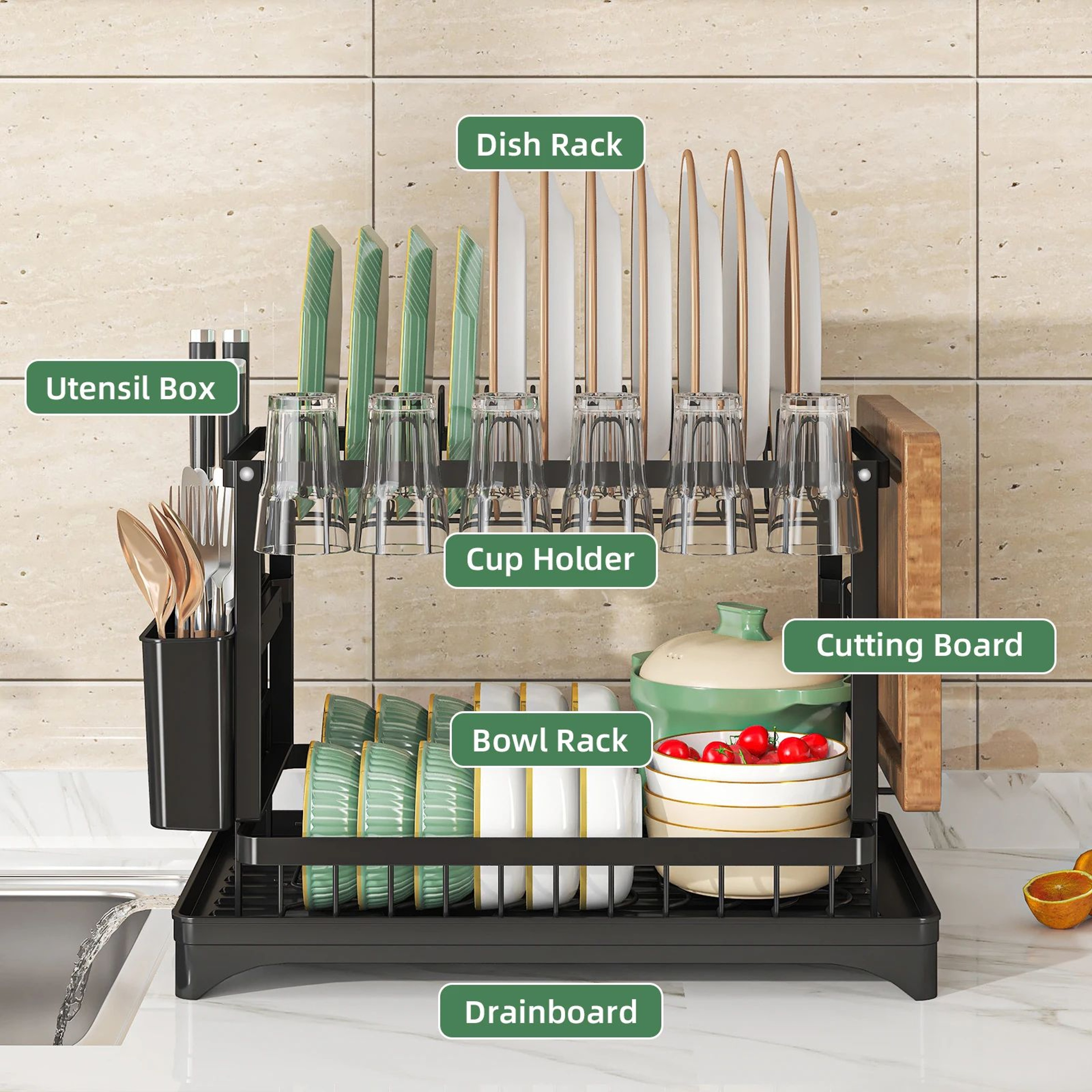 2 Tier Dish Drying Rack Kitchen Countertop Dish Organizer With Drain Tray 5