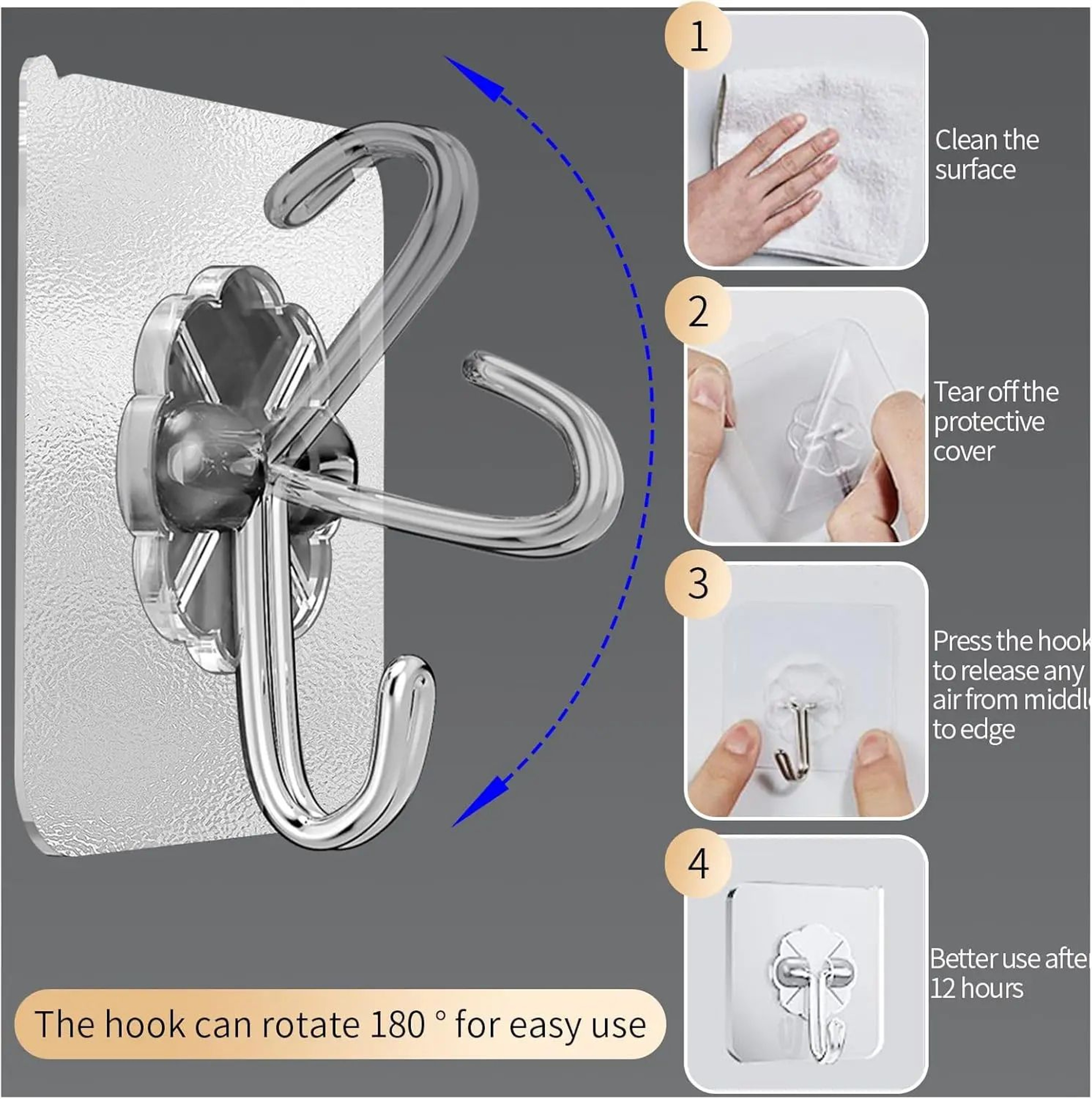 Transparent Self Adhesive Wall Hooks Heavy Duty Stainless Steel Sticky Hooks 3
