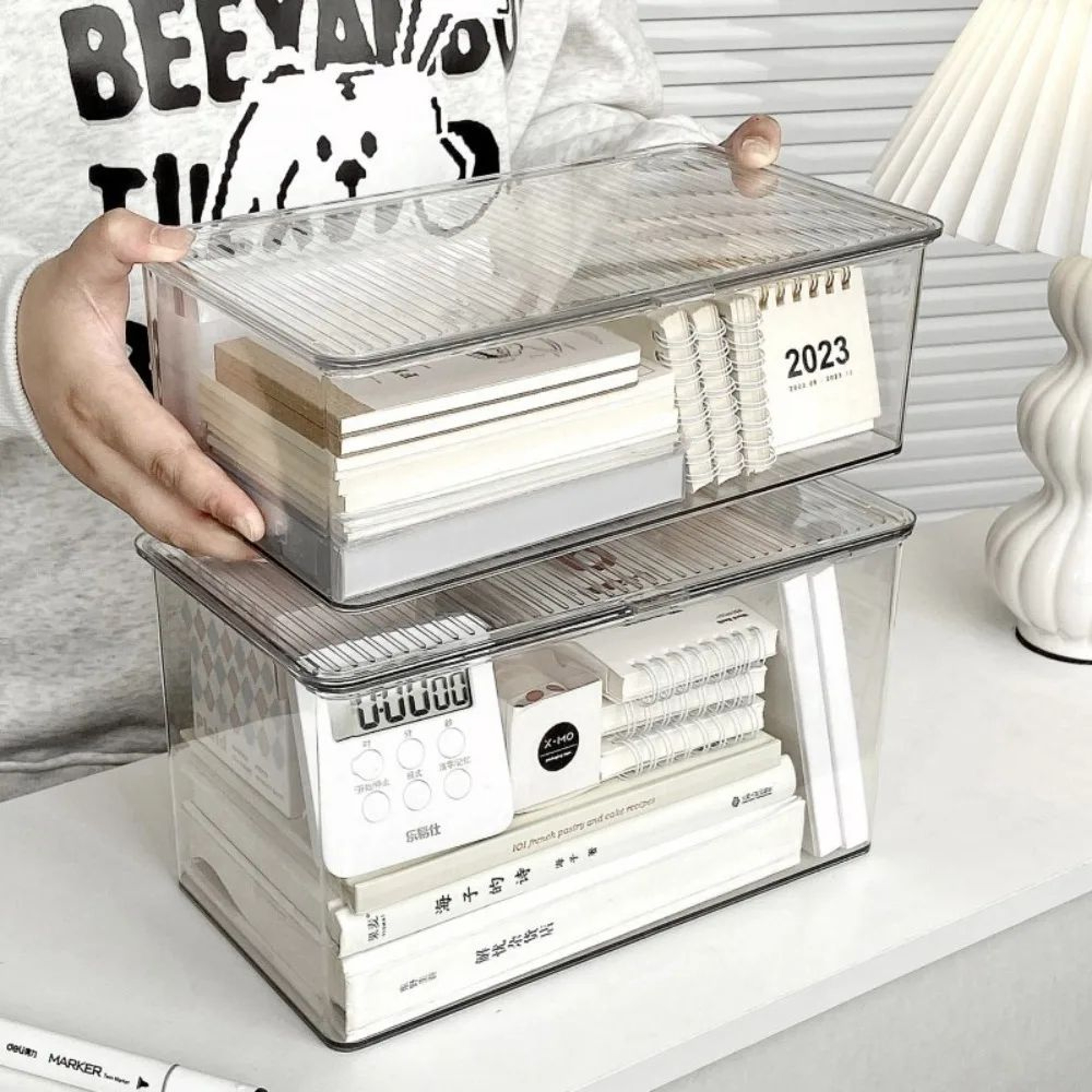 Large Clear Desktop Storage Box With Lid Organizer 0
