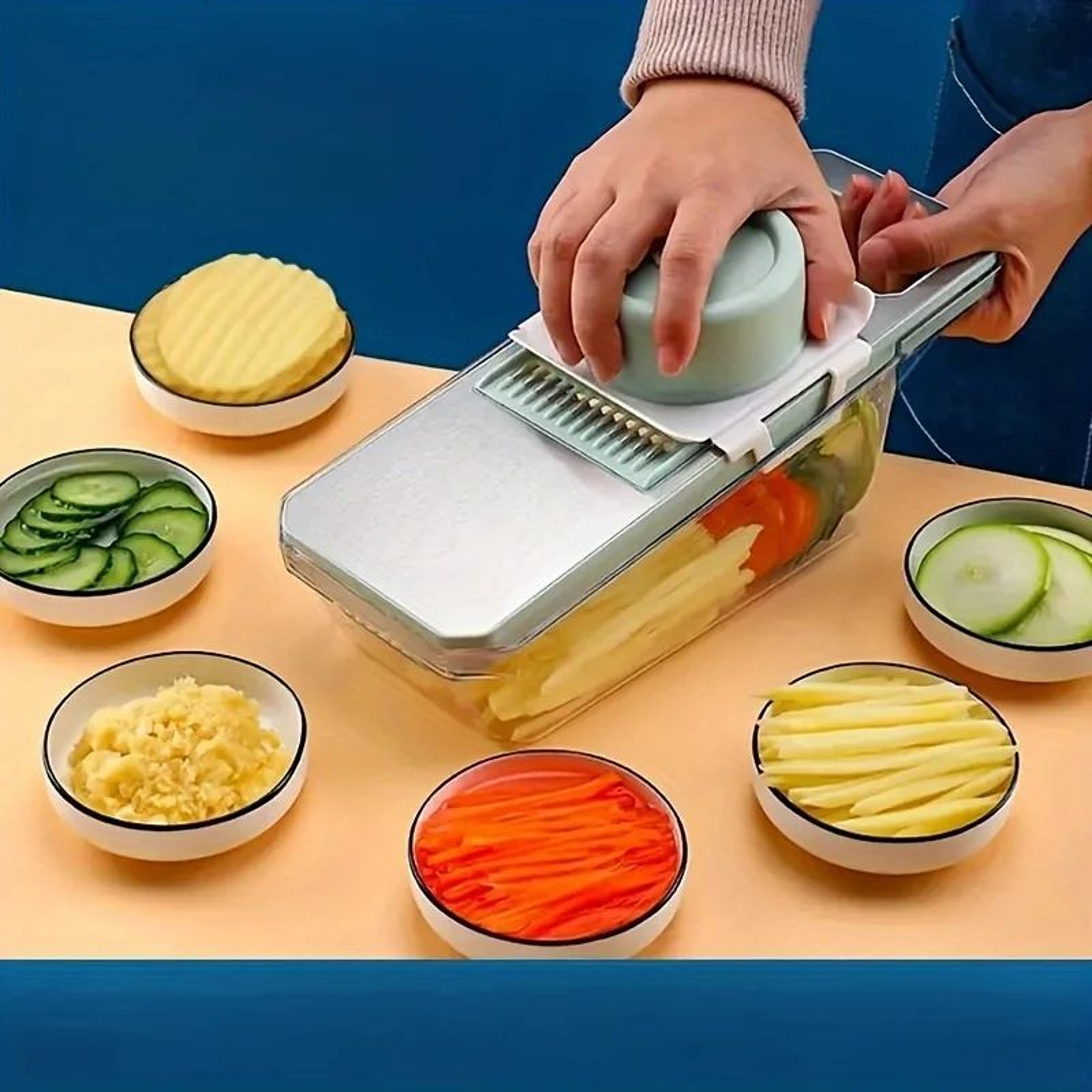 7 Piece Vegetable Slicer And Grater Set With Interchangeable Blades Manual Kitchen Tool 0