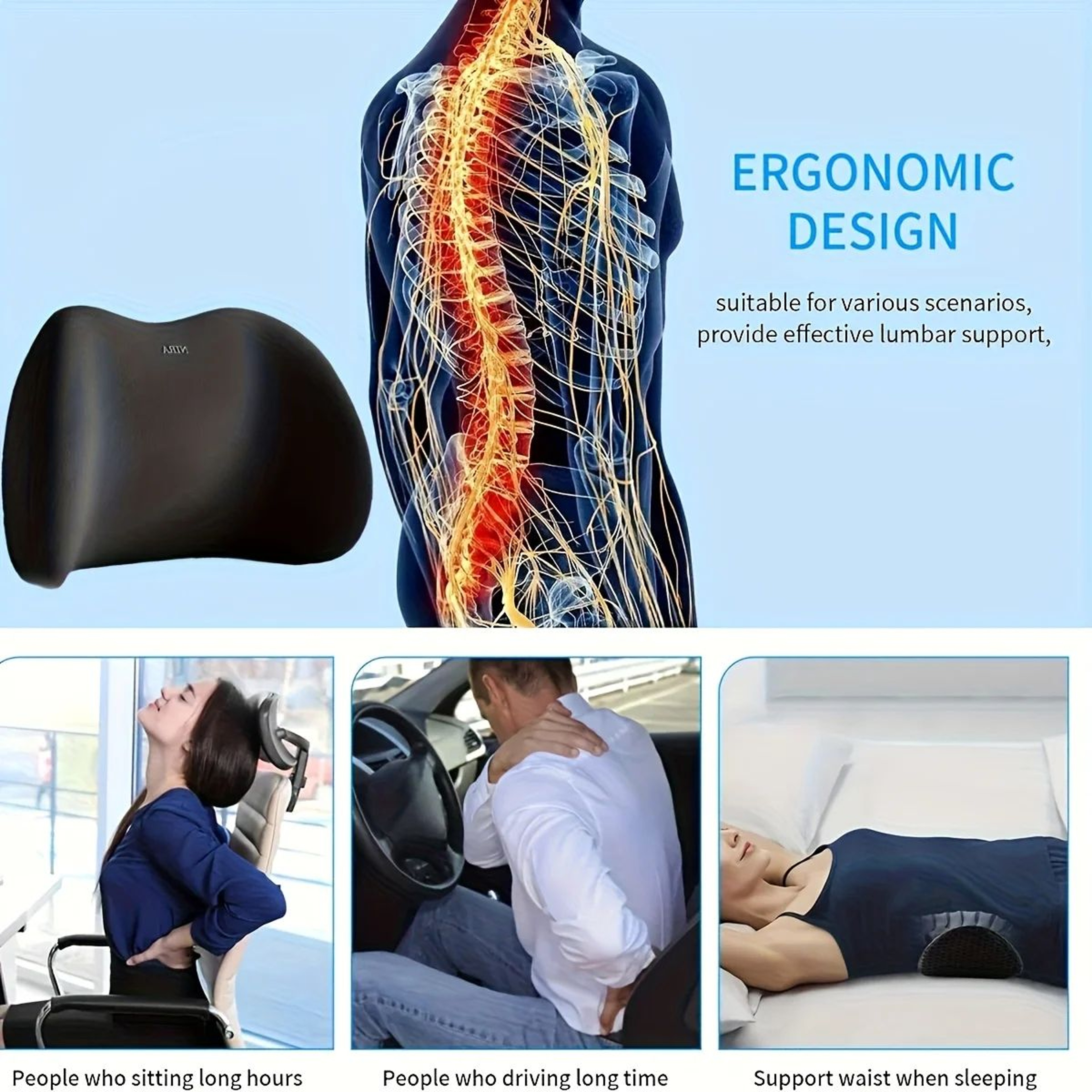 Memory Foam Lumbar Support Pillow Ergonomic Back Cushion For Office Chair Car And Bed 2