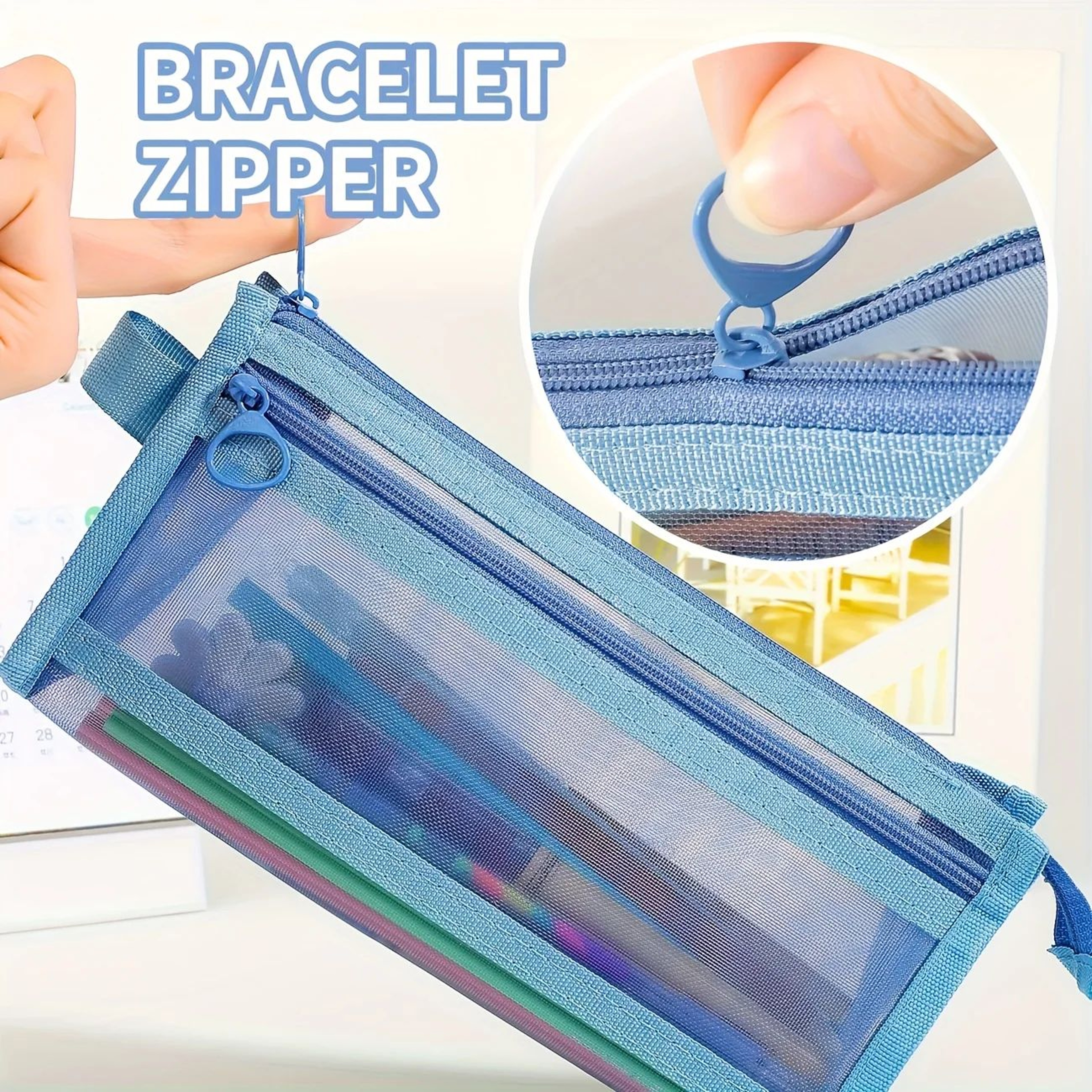 Double Layer Mesh Pencil Case With Handle Clear Storage Organizer Bag 4