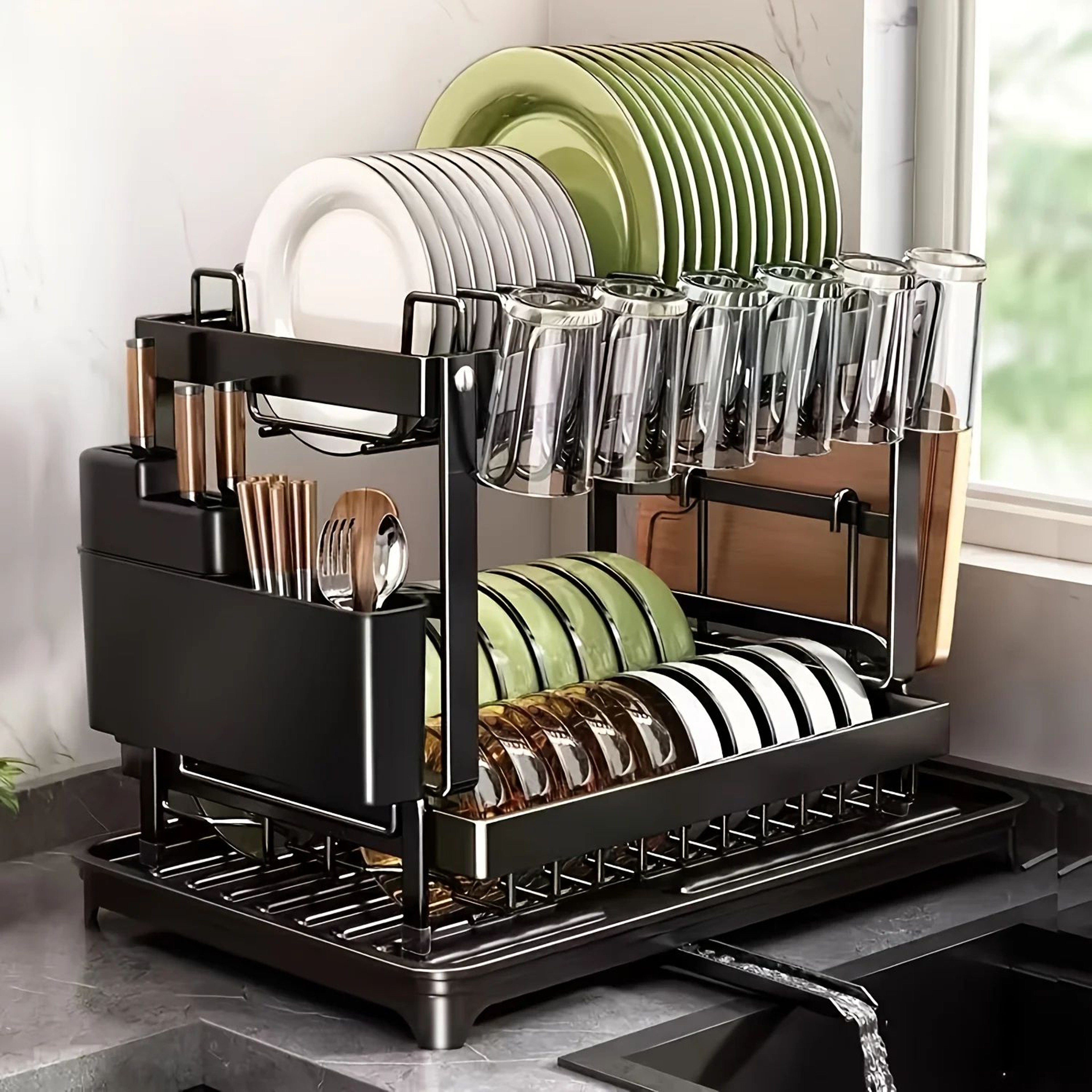 Double Layer Dish Drying Rack Large Capacity Kitchen Organizer With Drain Tray 0