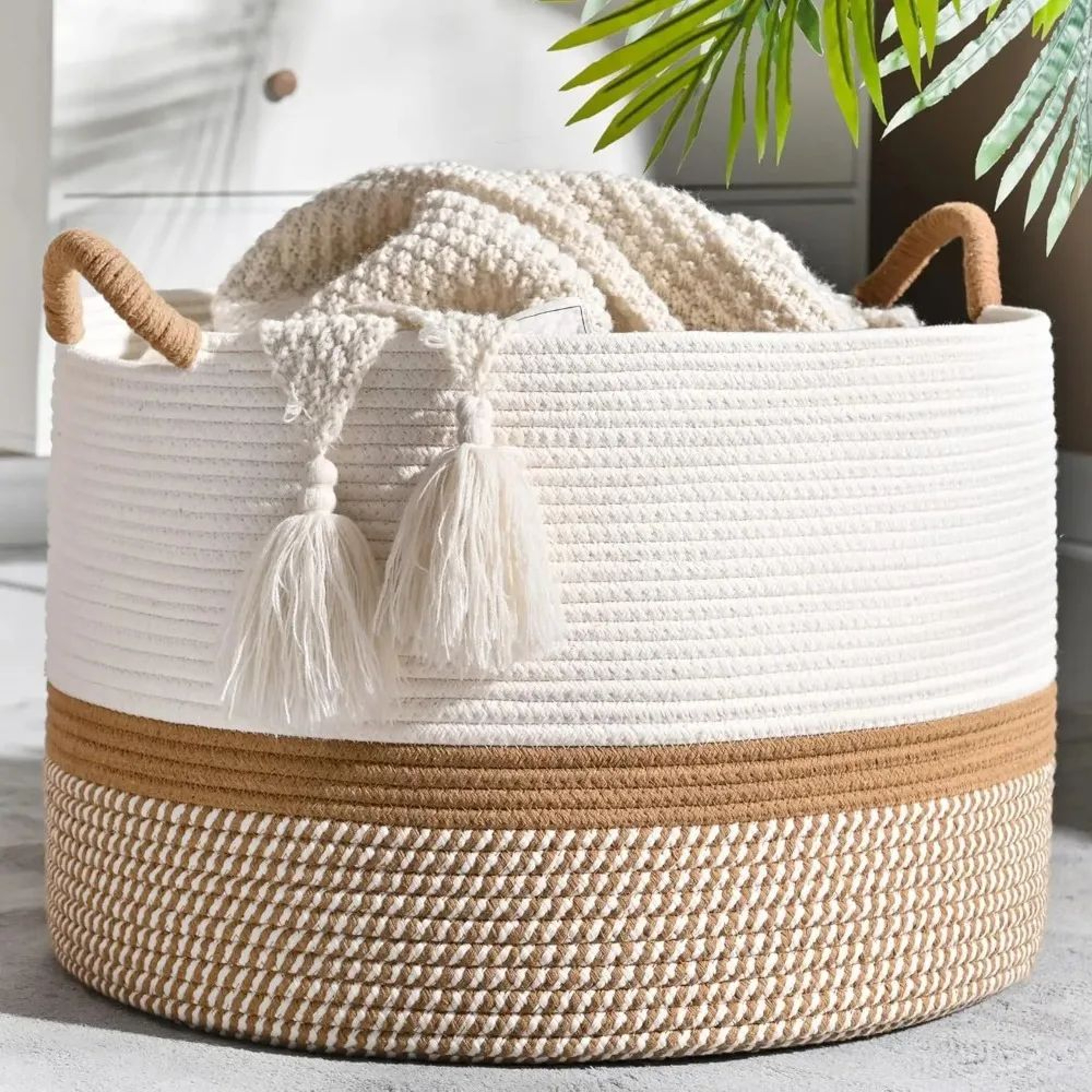 Large Woven Blanket Basket Cotton Rope Storage Basket For Laundry And Home 0