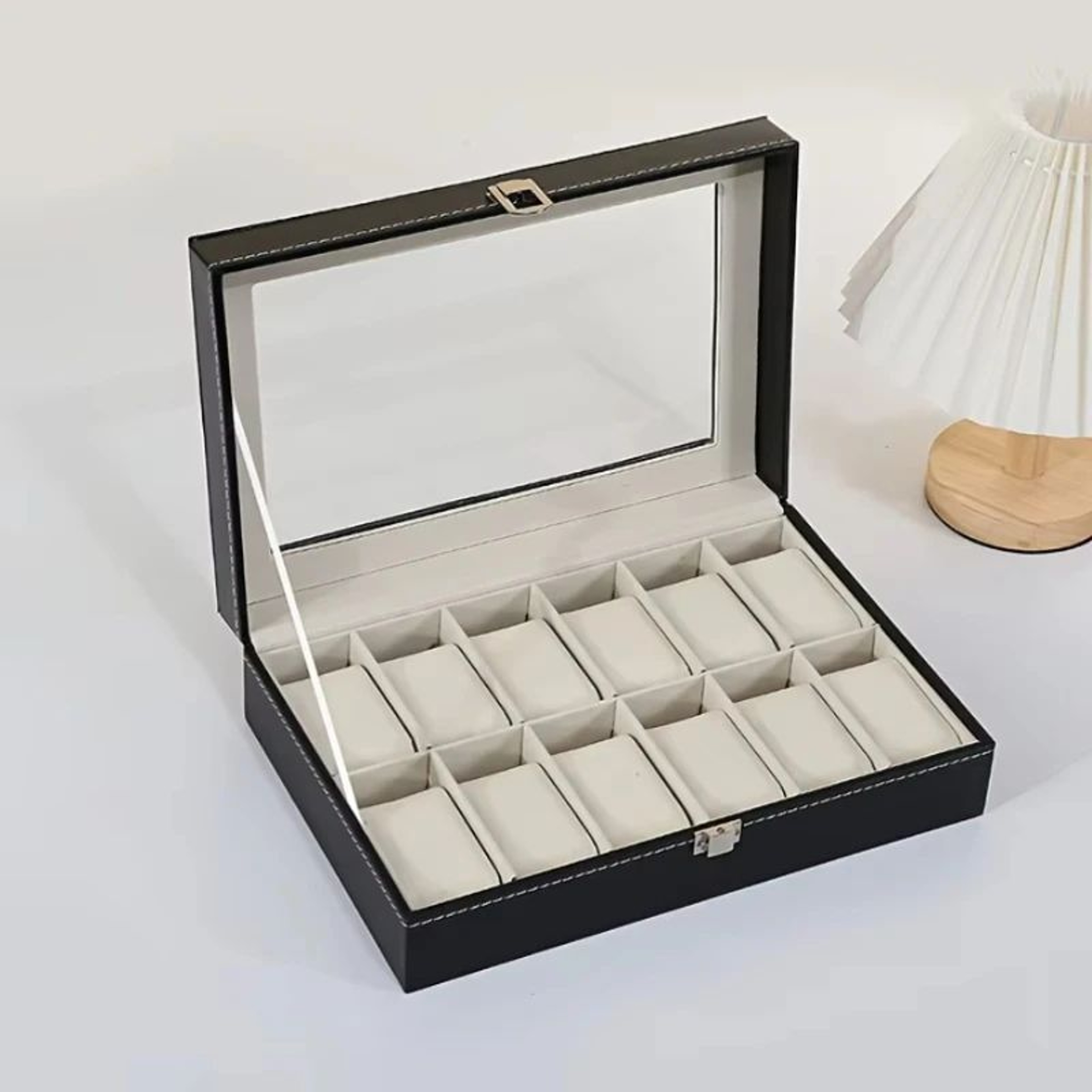 12 Slot Watch Box Faux Leather Watch Display Case Glass Top Organizer 7