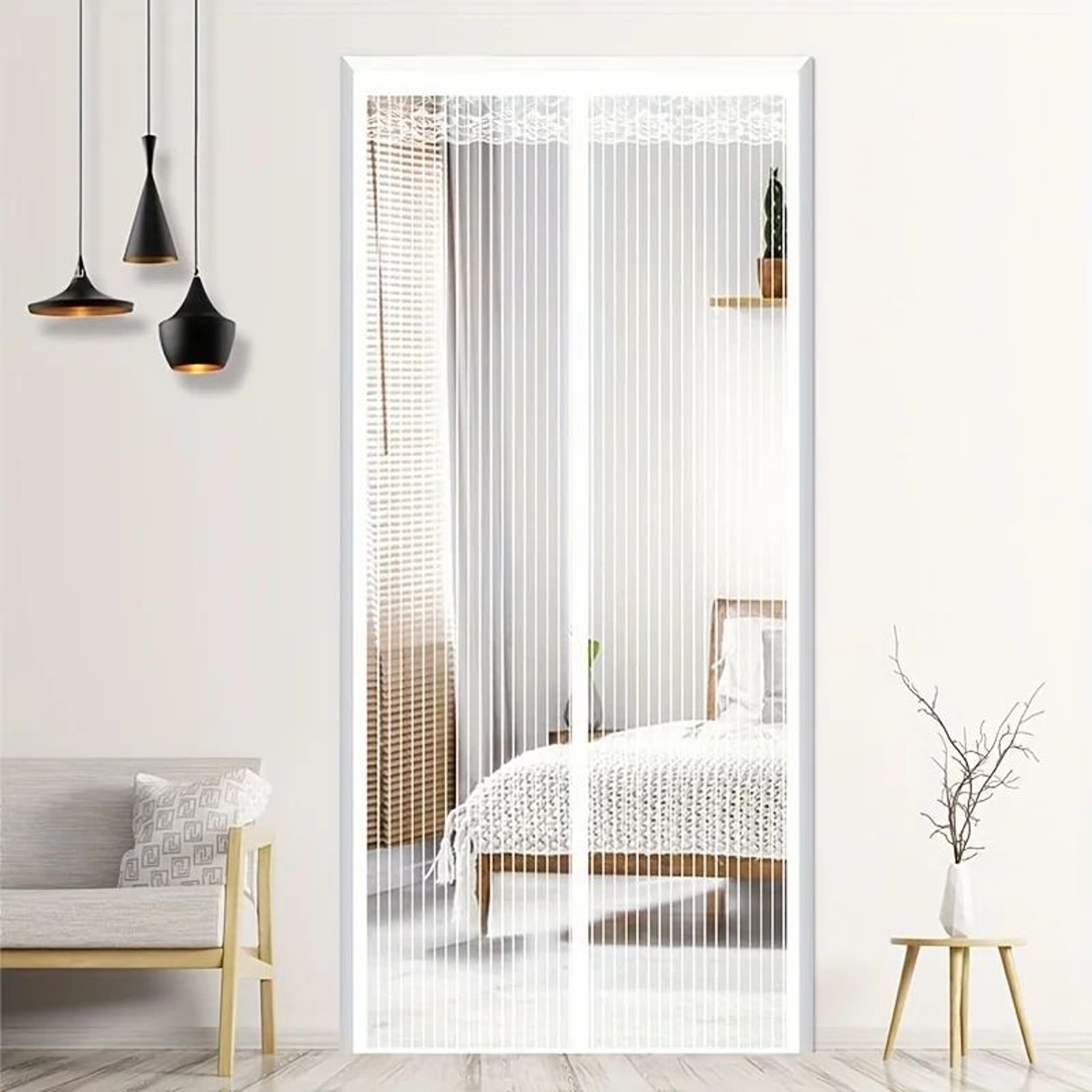 White Striped Magnetic Mosquito Screen Door 0