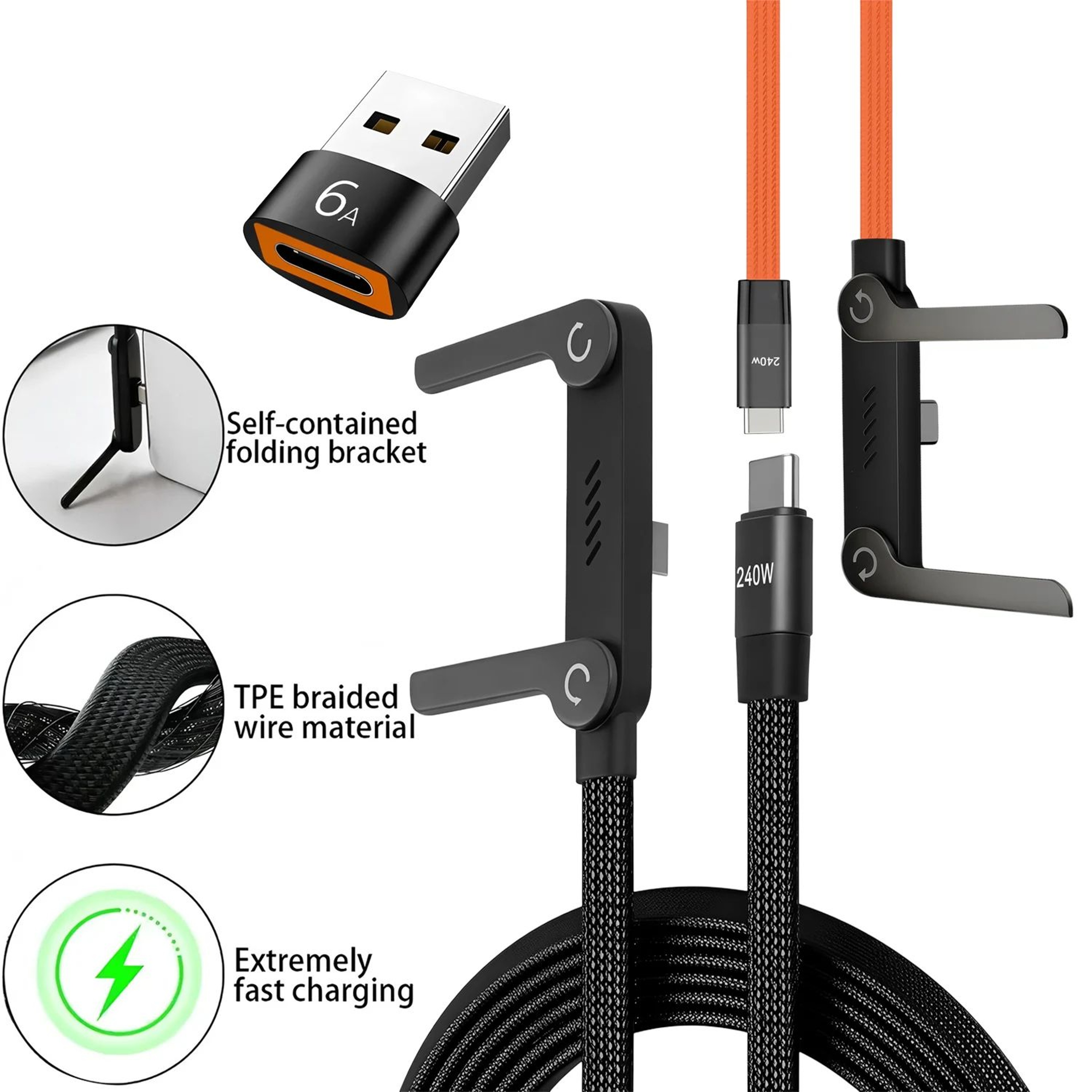 240W 2 In 1 Fast Charging Cable With Phone Stand 3