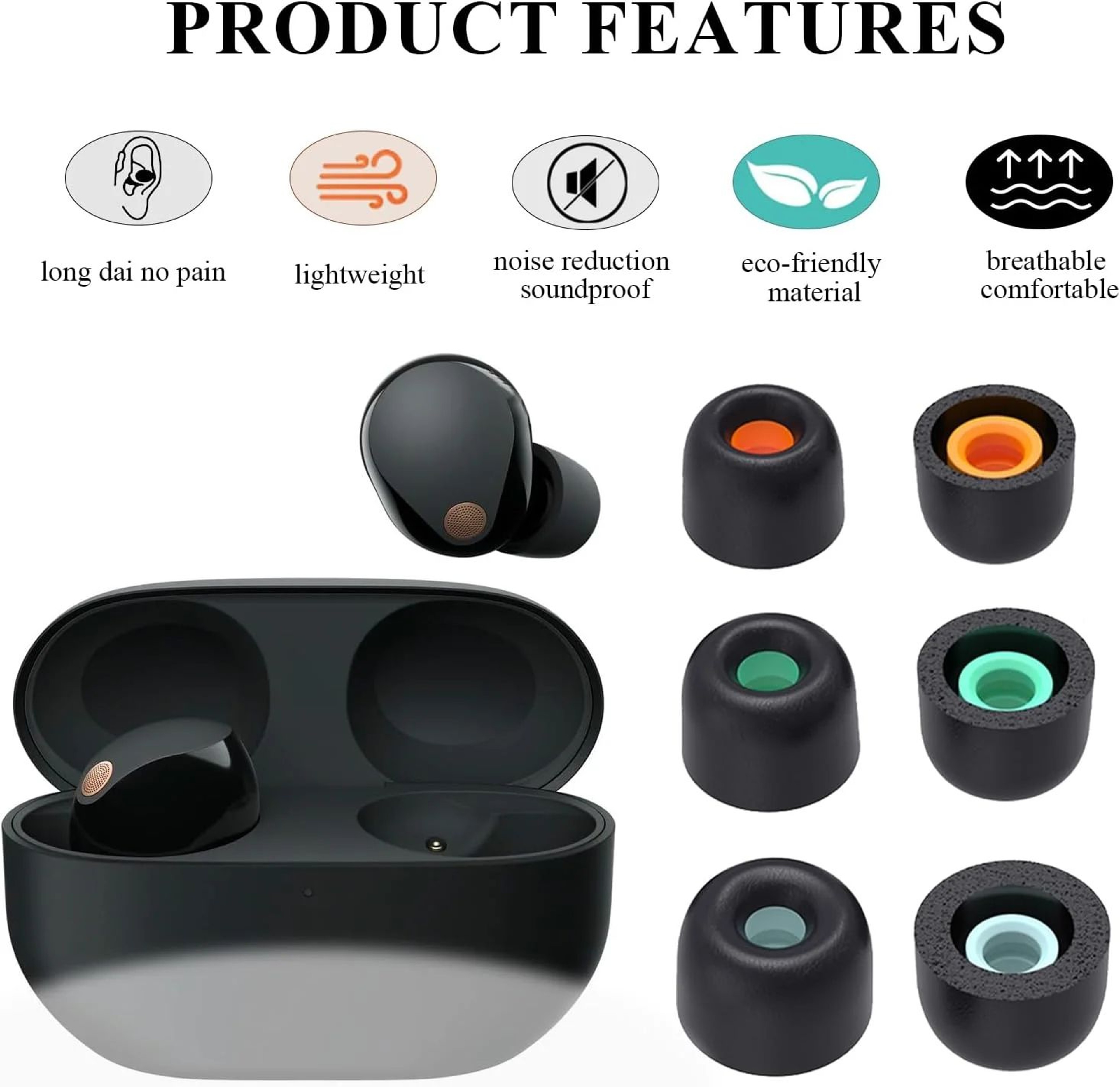 Sony WF 1000XM5 XM4 Memory Foam Ear Tips Kit 5