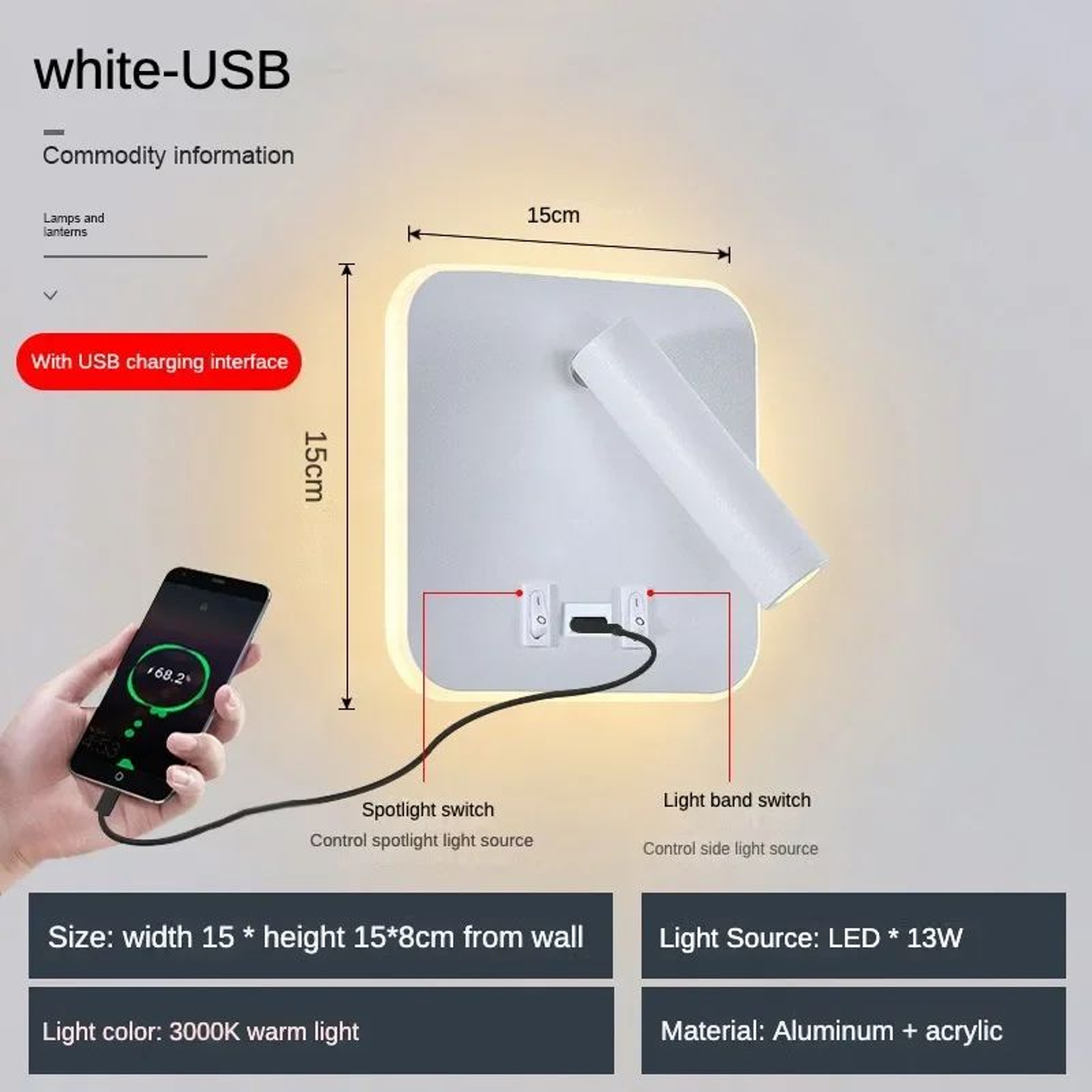 Modern LED Bedside Reading Wall Light With USB 15