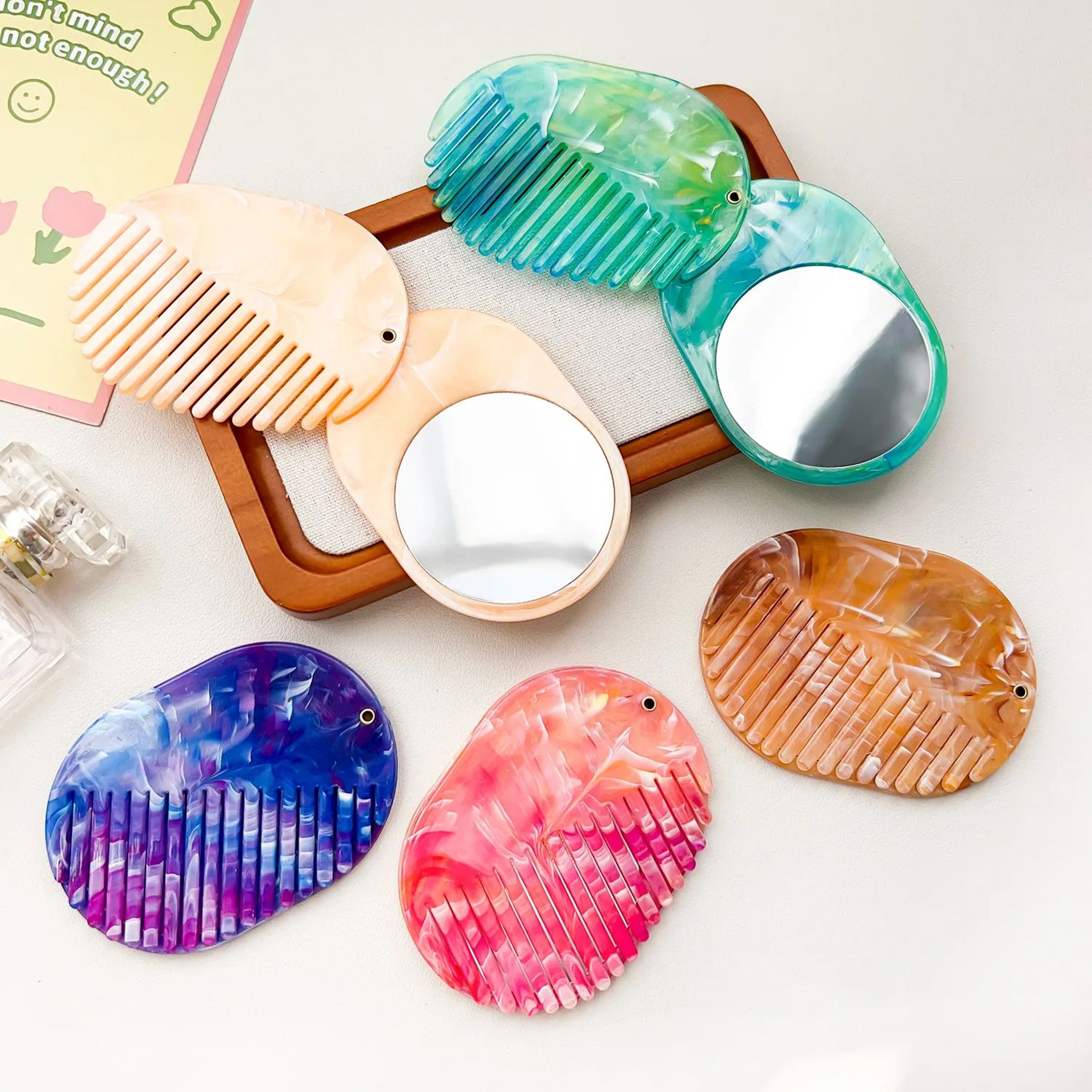 Foldable Marble Hair Comb With Mirror 0