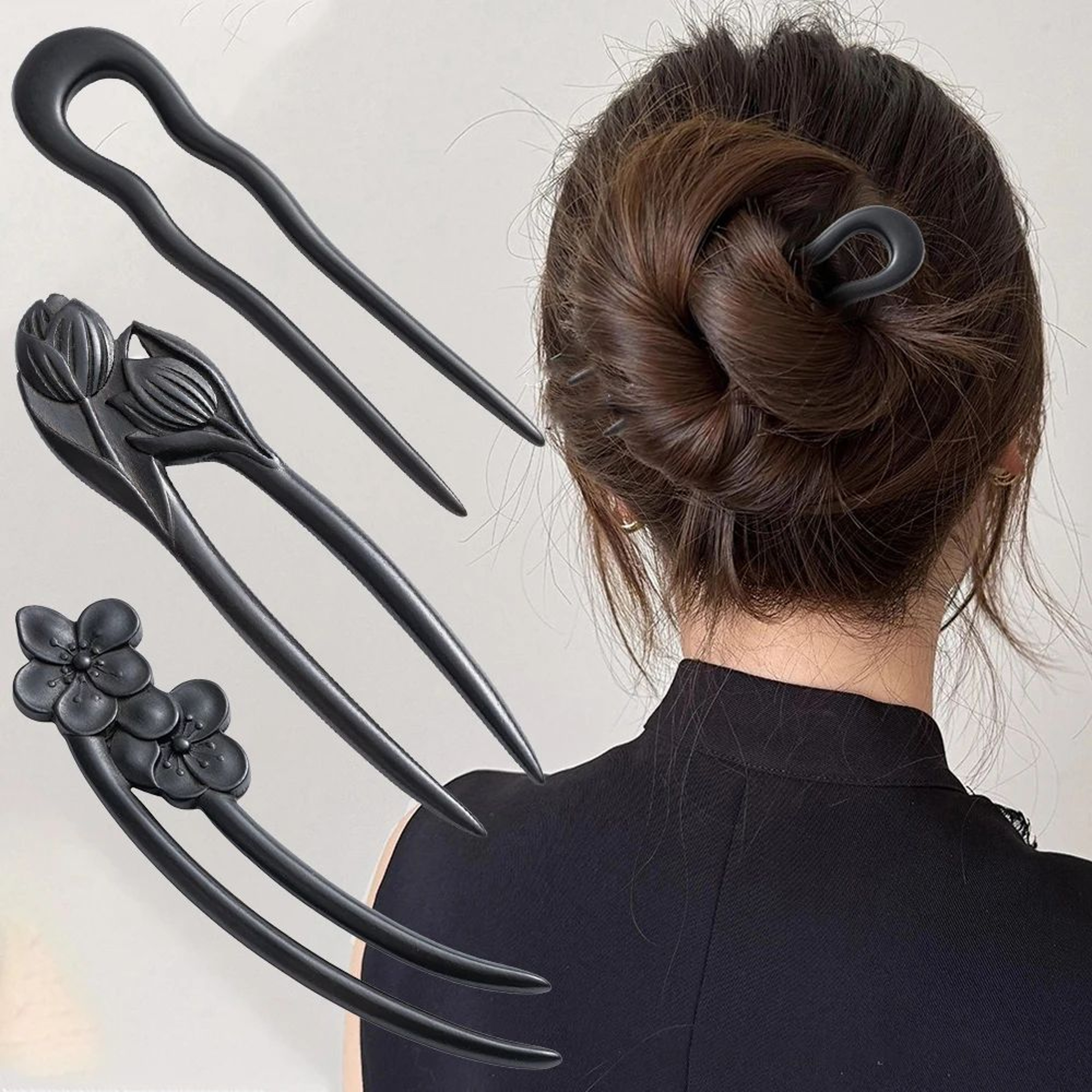 Floral U Shape Wooden Hair Fork 2